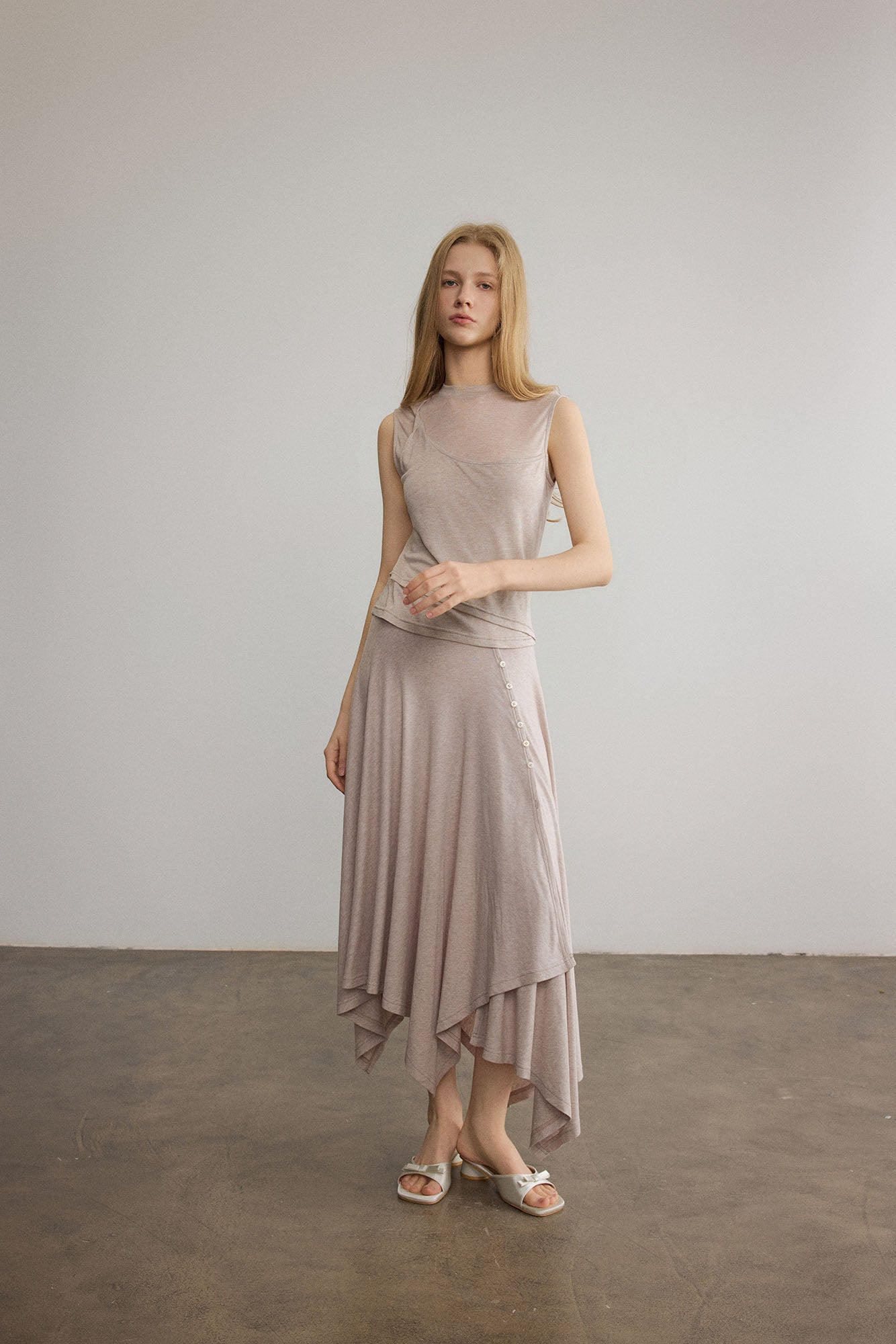 SAME FLOW Minimal Asymmetrical Wool-Blend Midi Skirt