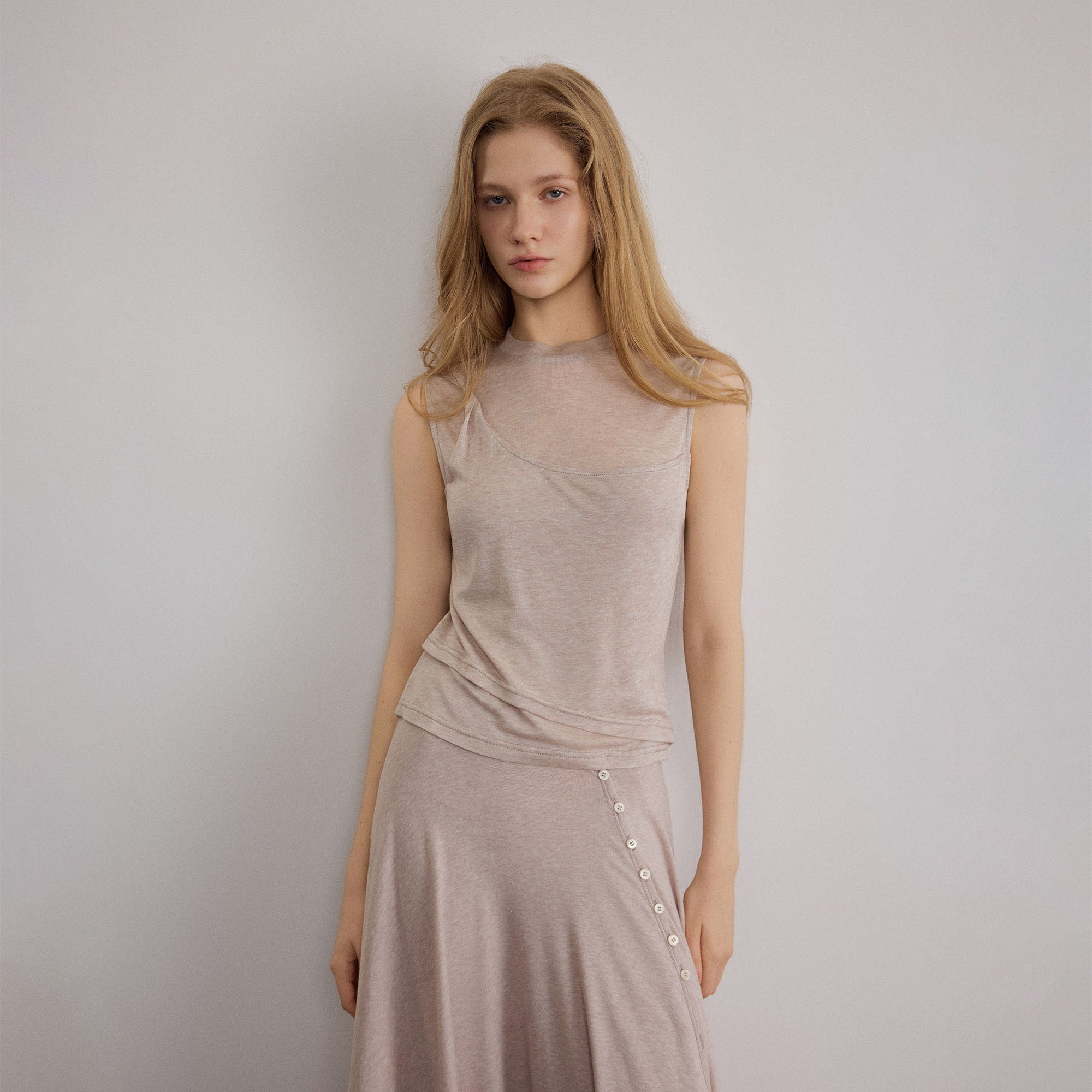 SAME FLOW Sheer-Panel Wool-Blend Sleeveless Top