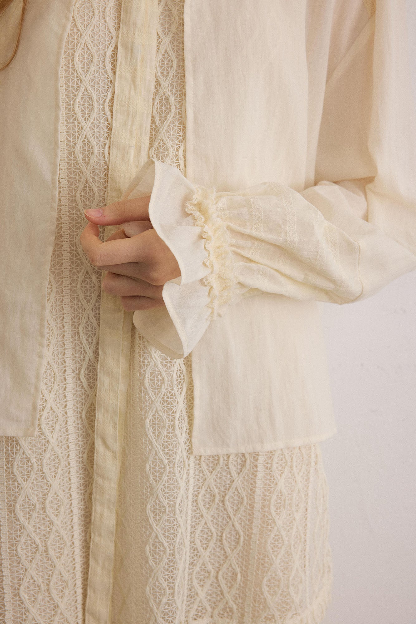 SAME FLOW Layered Lace-Panel Tie-Neck Long-Sleeve Tee