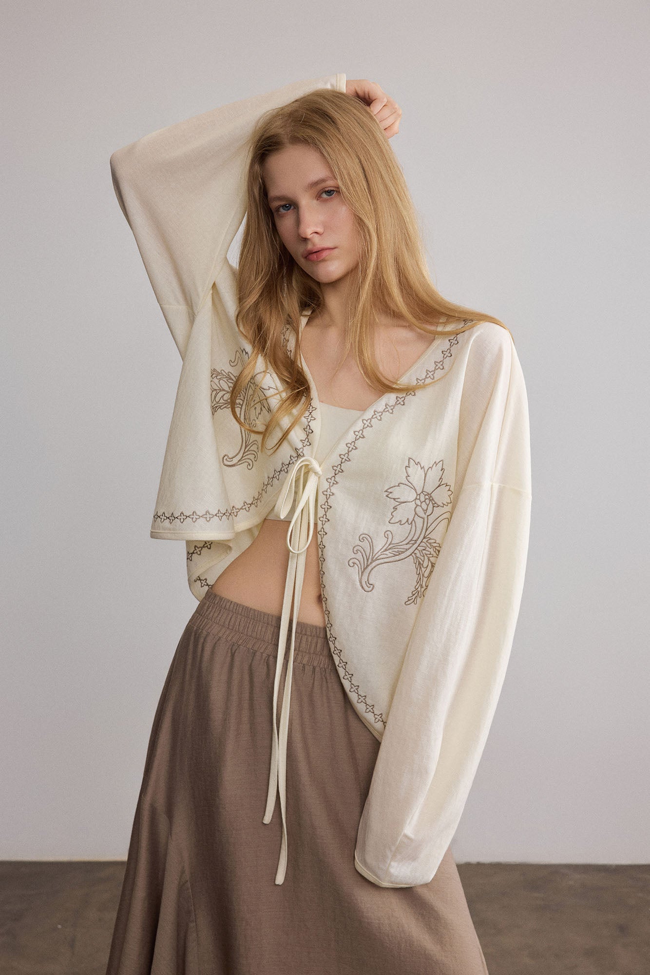 SAME FLOW Floral Embroidered Tie-Front Jacket