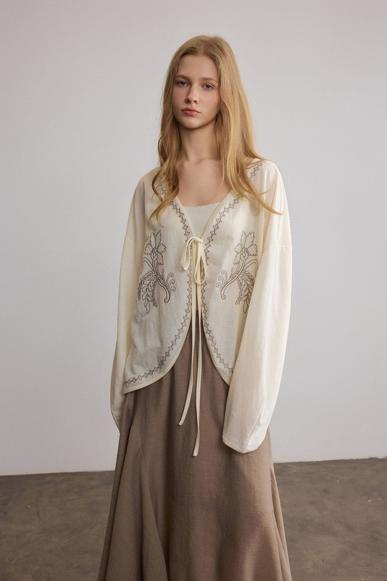 SAME FLOW Floral Embroidered Tie-Front Jacket