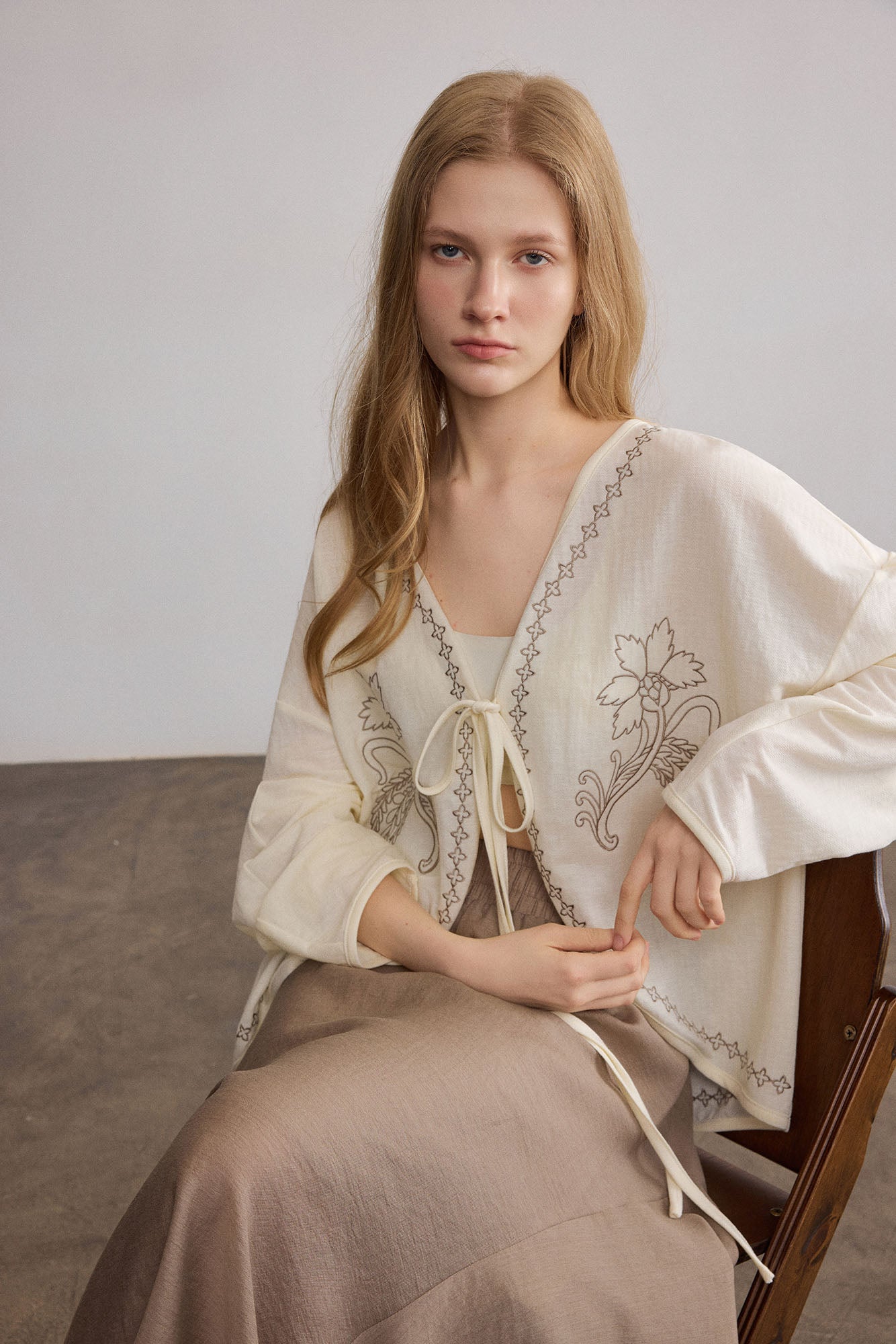 SAME FLOW Floral Embroidered Tie-Front Jacket