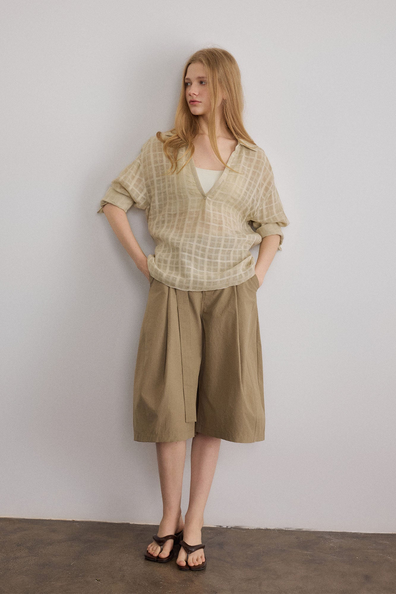 SAME FLOW Sheer Plaid V-Neck Shirt
