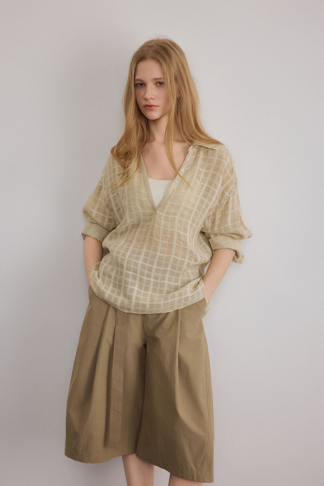 SAME FLOW Sheer Plaid V-Neck Shirt
