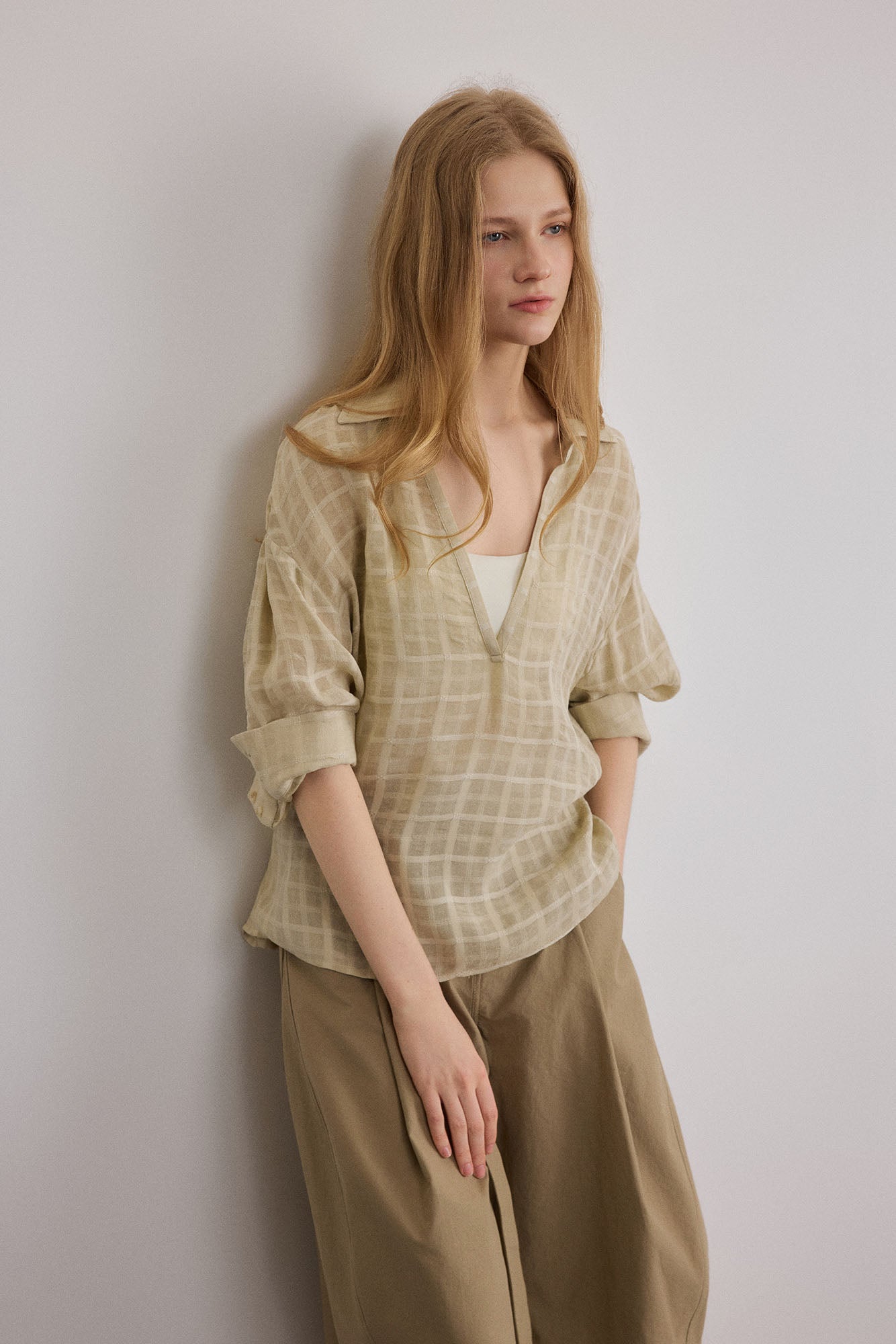 SAME FLOW Sheer Plaid V-Neck Shirt