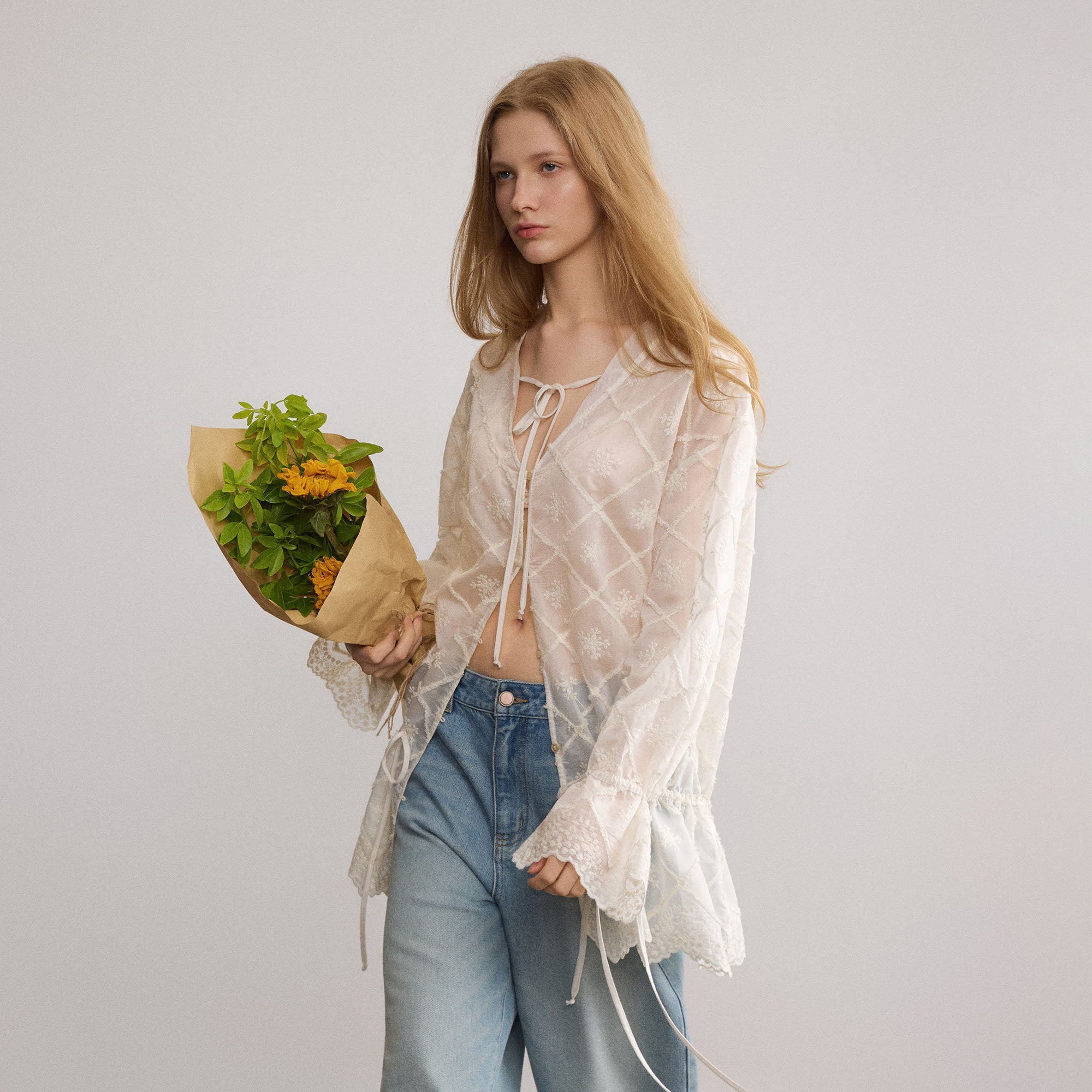 SAME FLOW Sheer Embroidered Tie-Front Lace-Hem Shirt