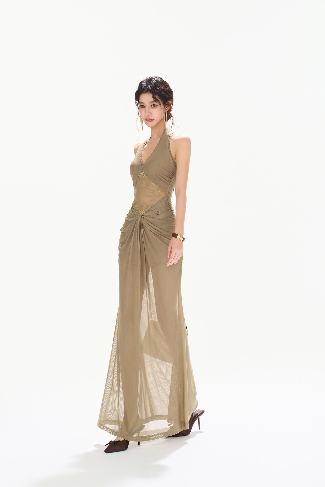 CYNR Draped Sheer Halter Maxi Dress