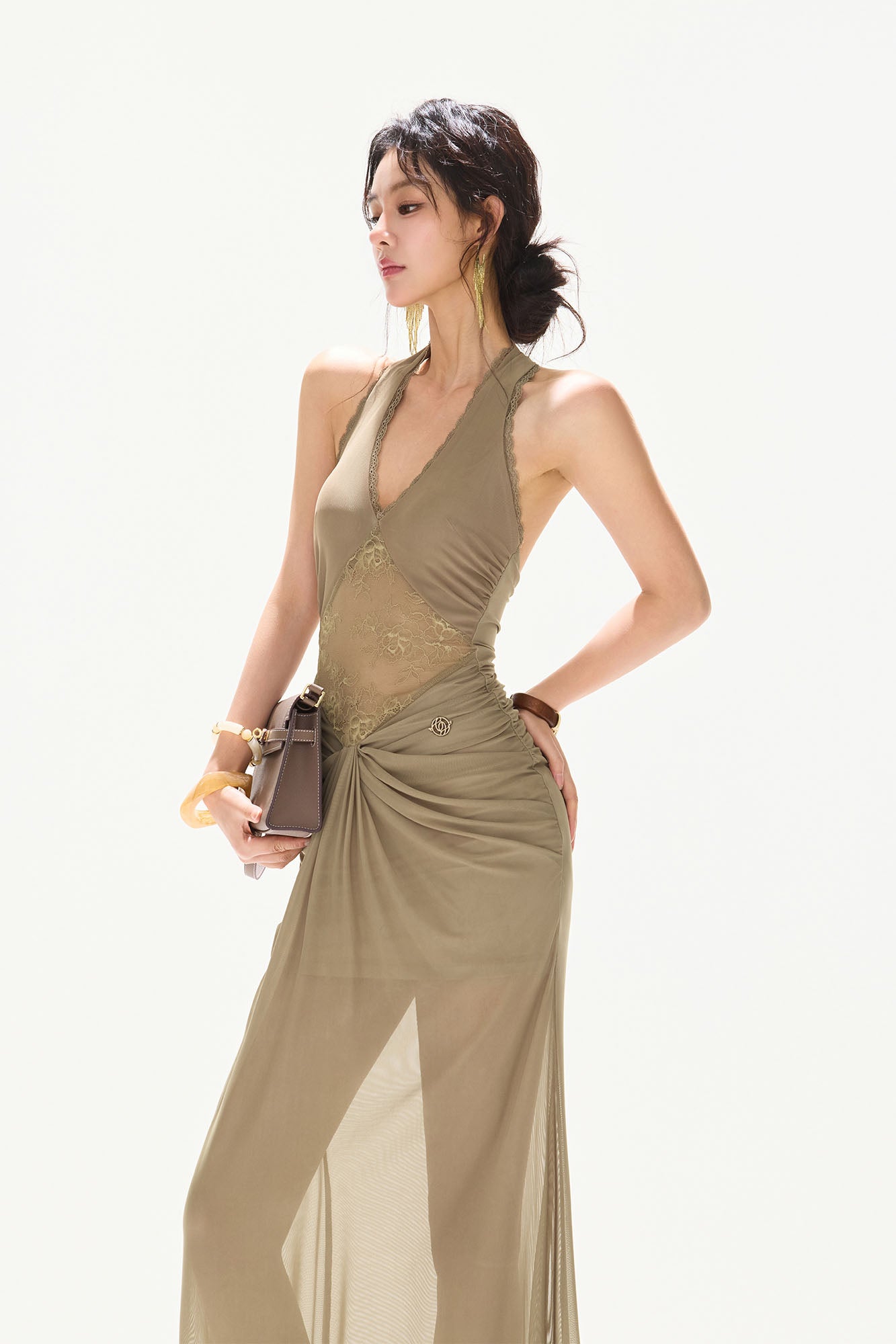 CYNR Draped Sheer Halter Maxi Dress