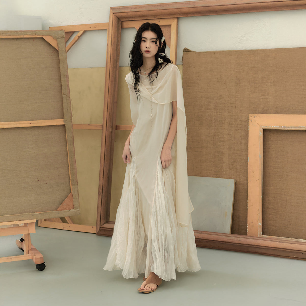 CHANGGUANG YUANZI Asymmetric Drape Mesh Two-Piece Dress