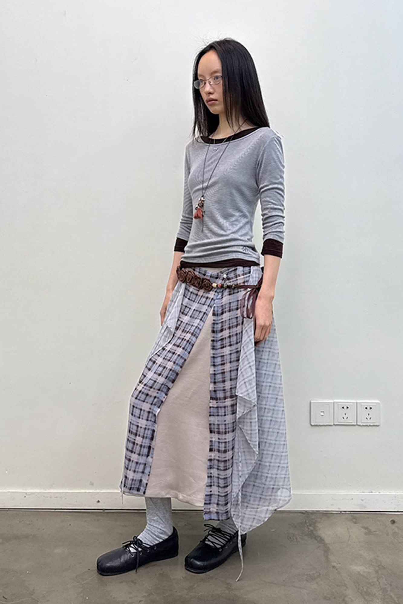NEVERSEEZ Layered Plaid Tied Wrap Skirt