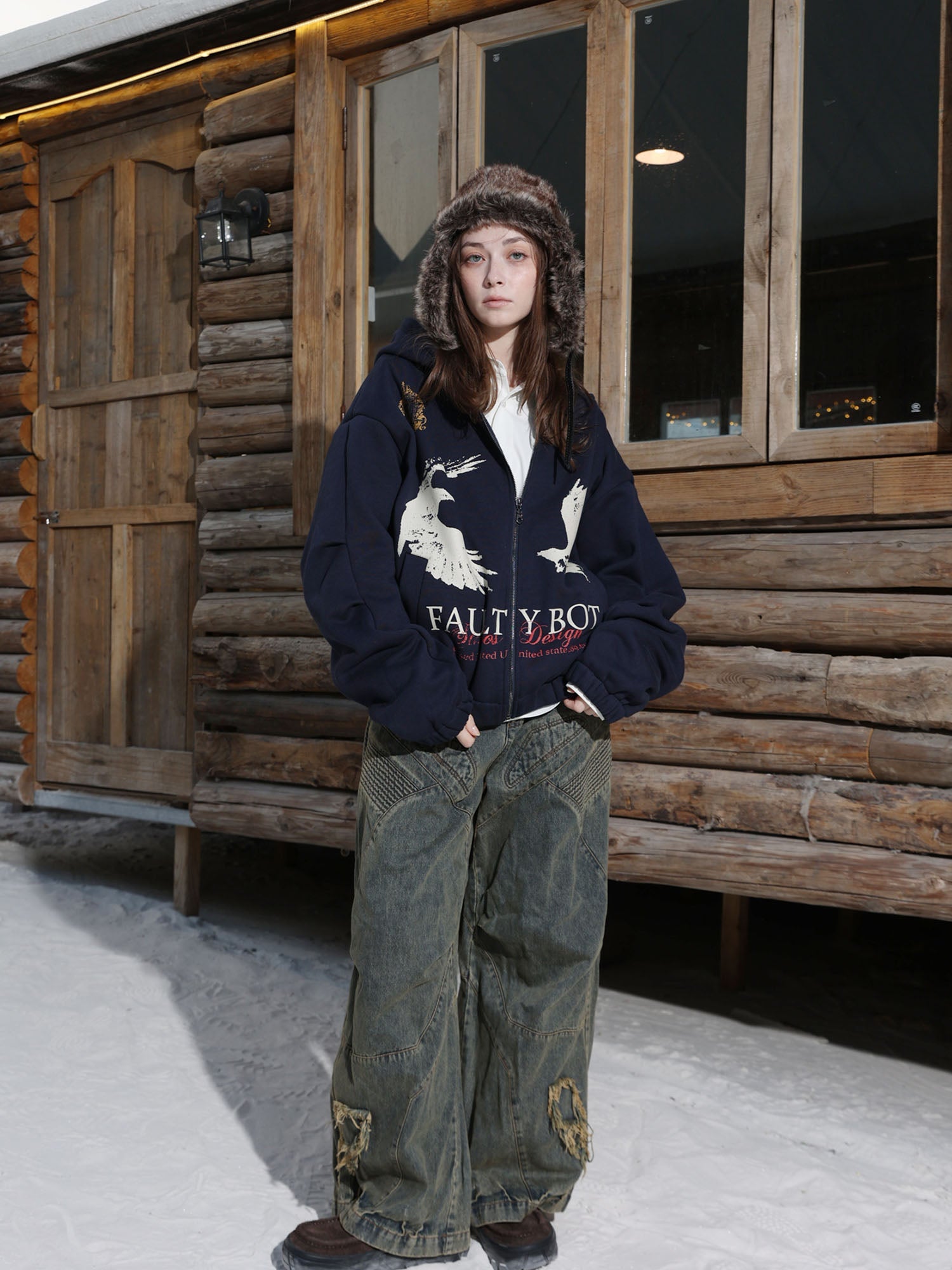 ERROR CODE ROBOT Bird Graphic Fleece-Lined Hooded Jacket