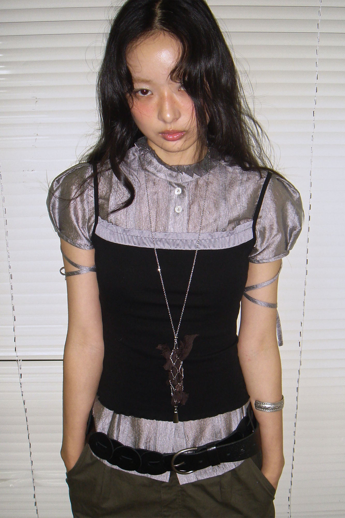 NEVERSEEZ Ruffle-Collar Paneled Puff-Sleeve Shirt