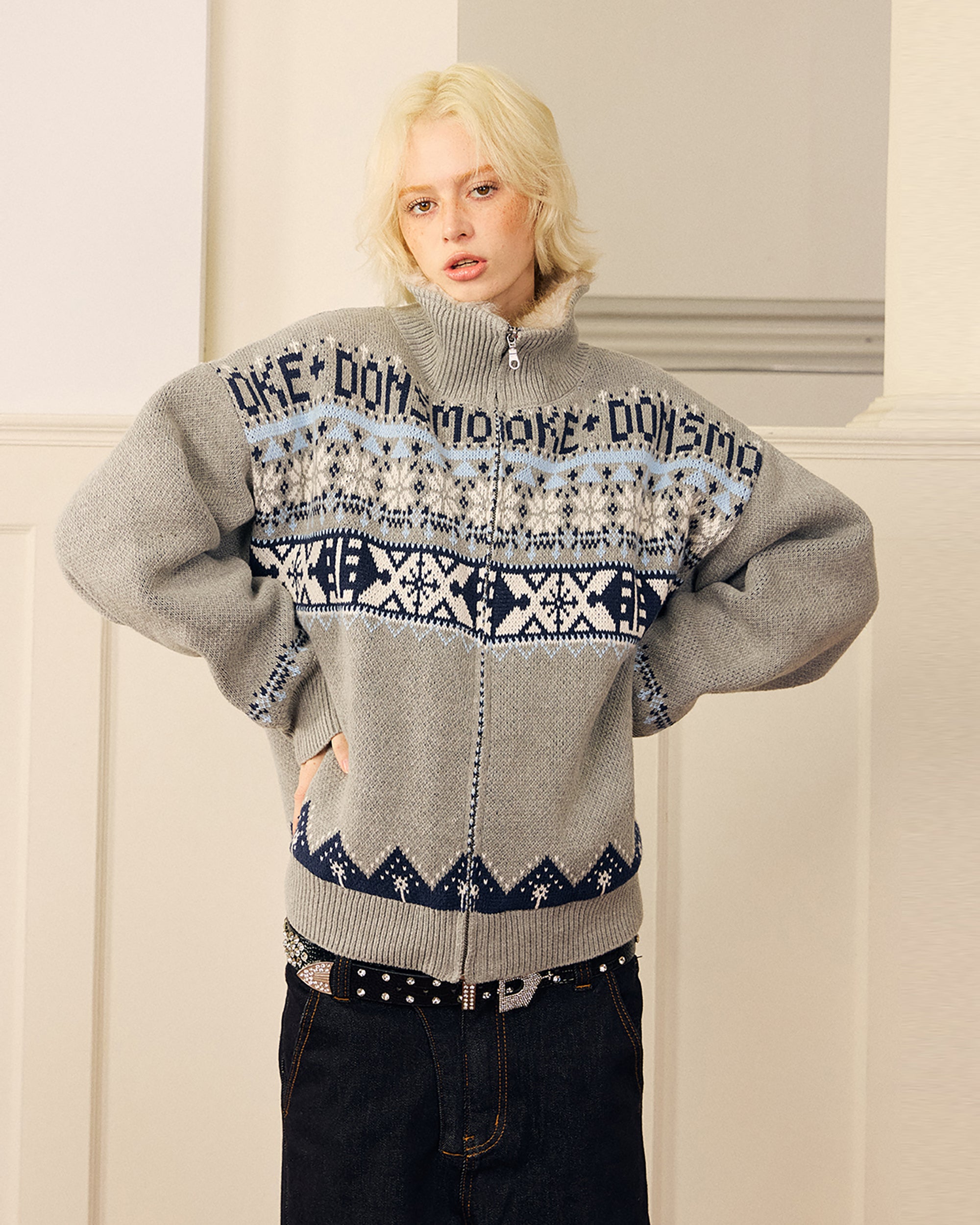 DONSMOKE Retro Fair Isle Faux Fur Lined Knit Jacket