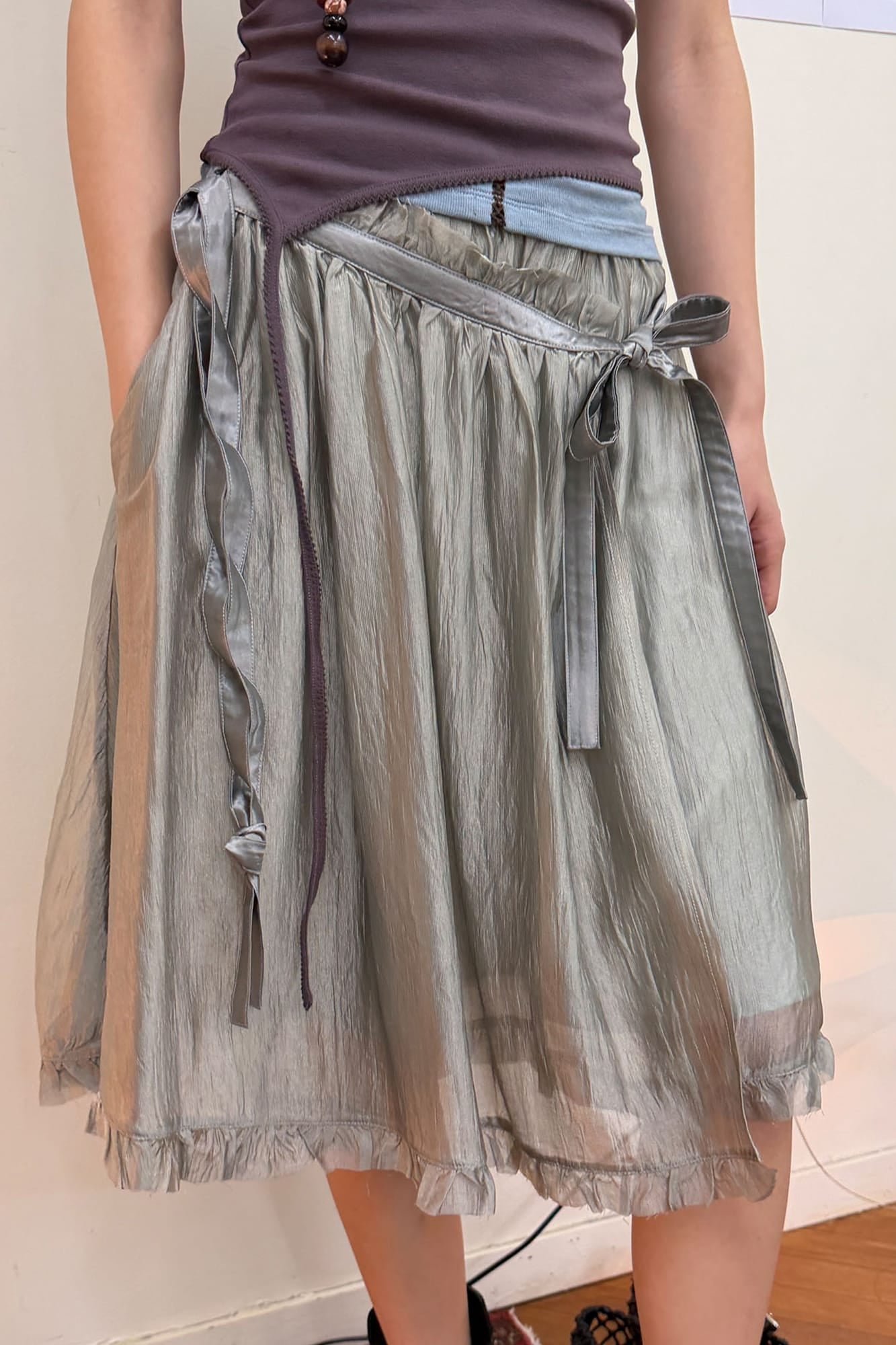 NEVERSEEZ Layered Sheer Ruffled Tie-Waist Skirt