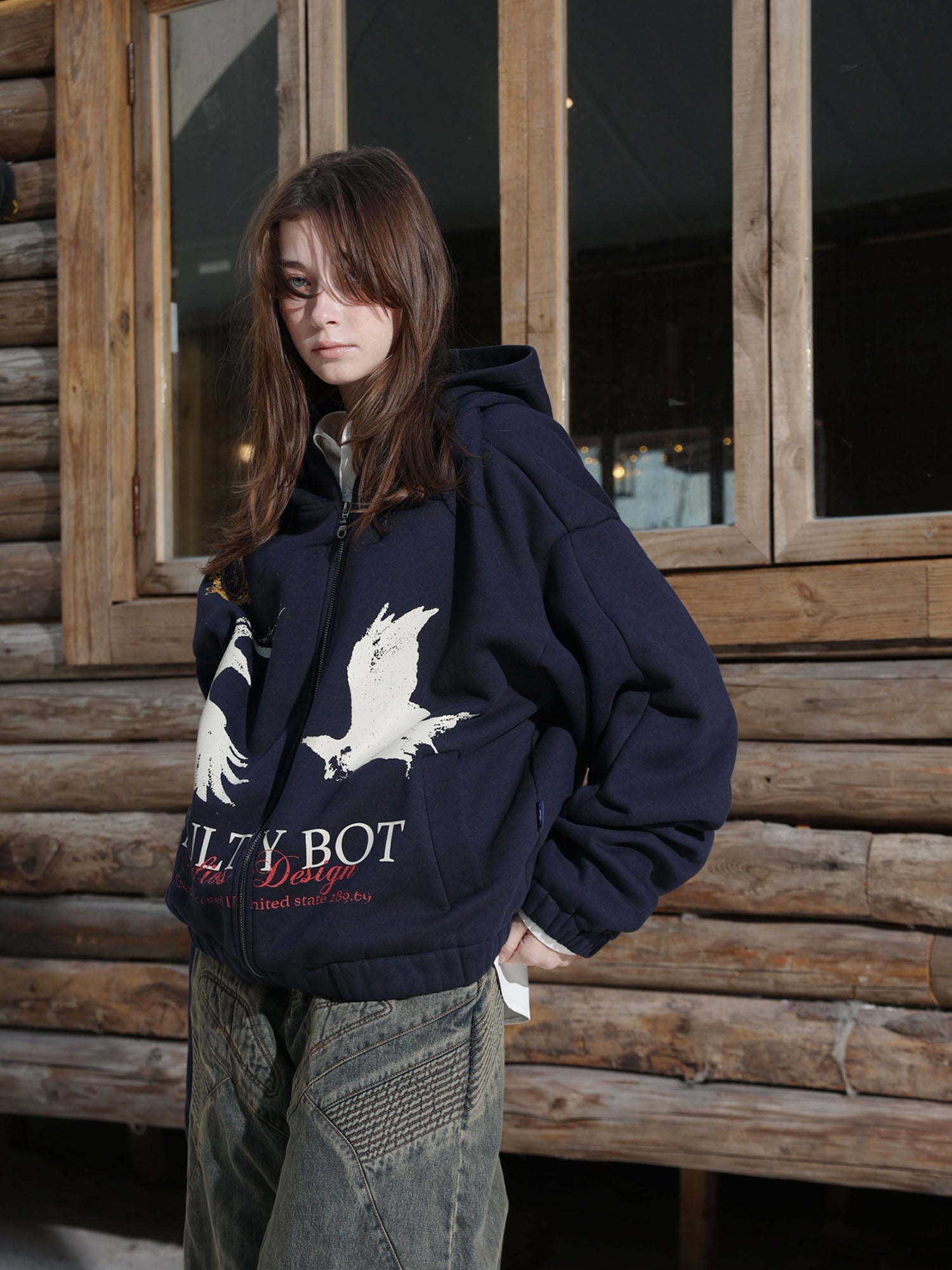 ERROR CODE ROBOT Bird Graphic Fleece-Lined Hooded Jacket
