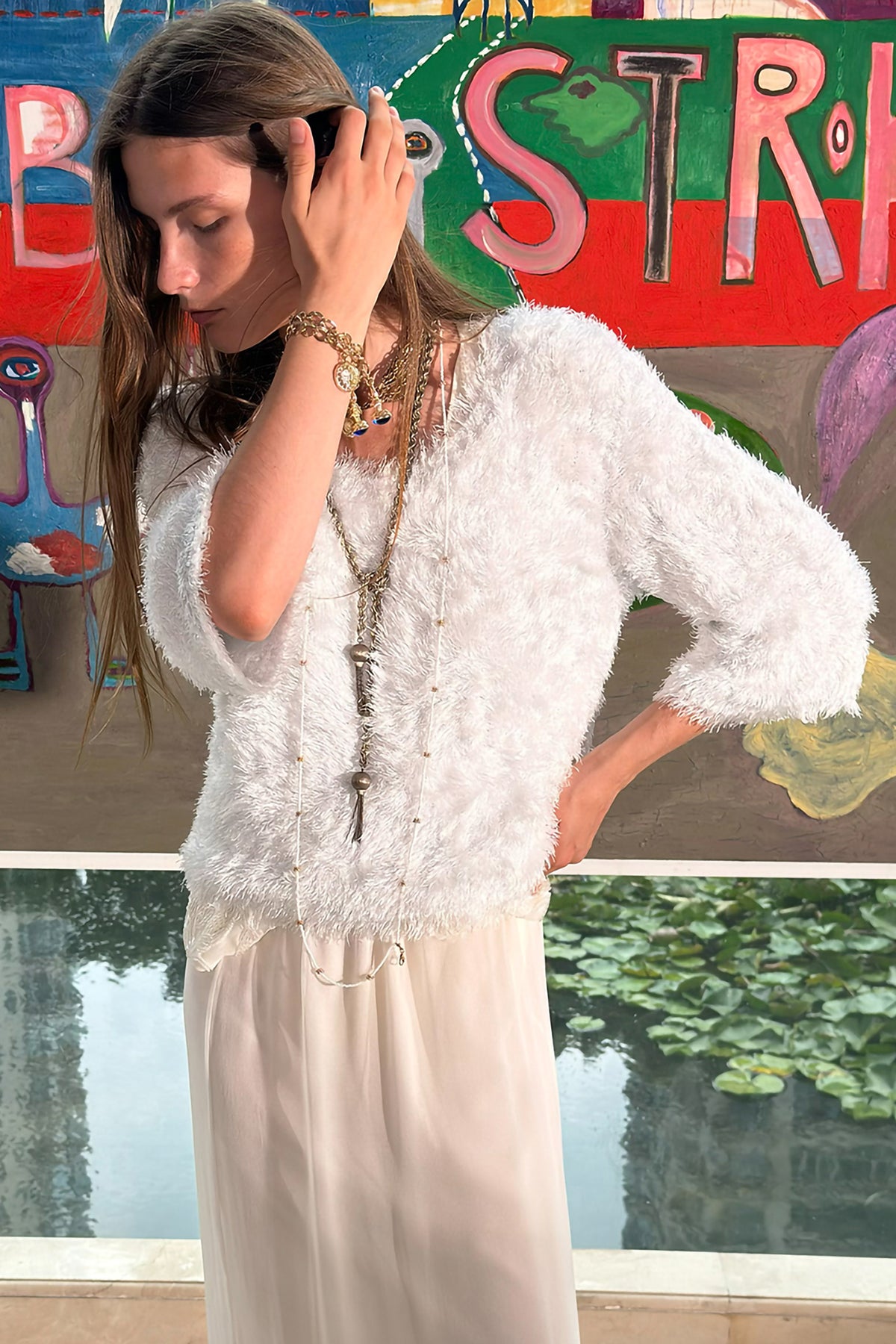 WINGFREE Plush Eyelash-Knit Three-Quarter Sleeve Top