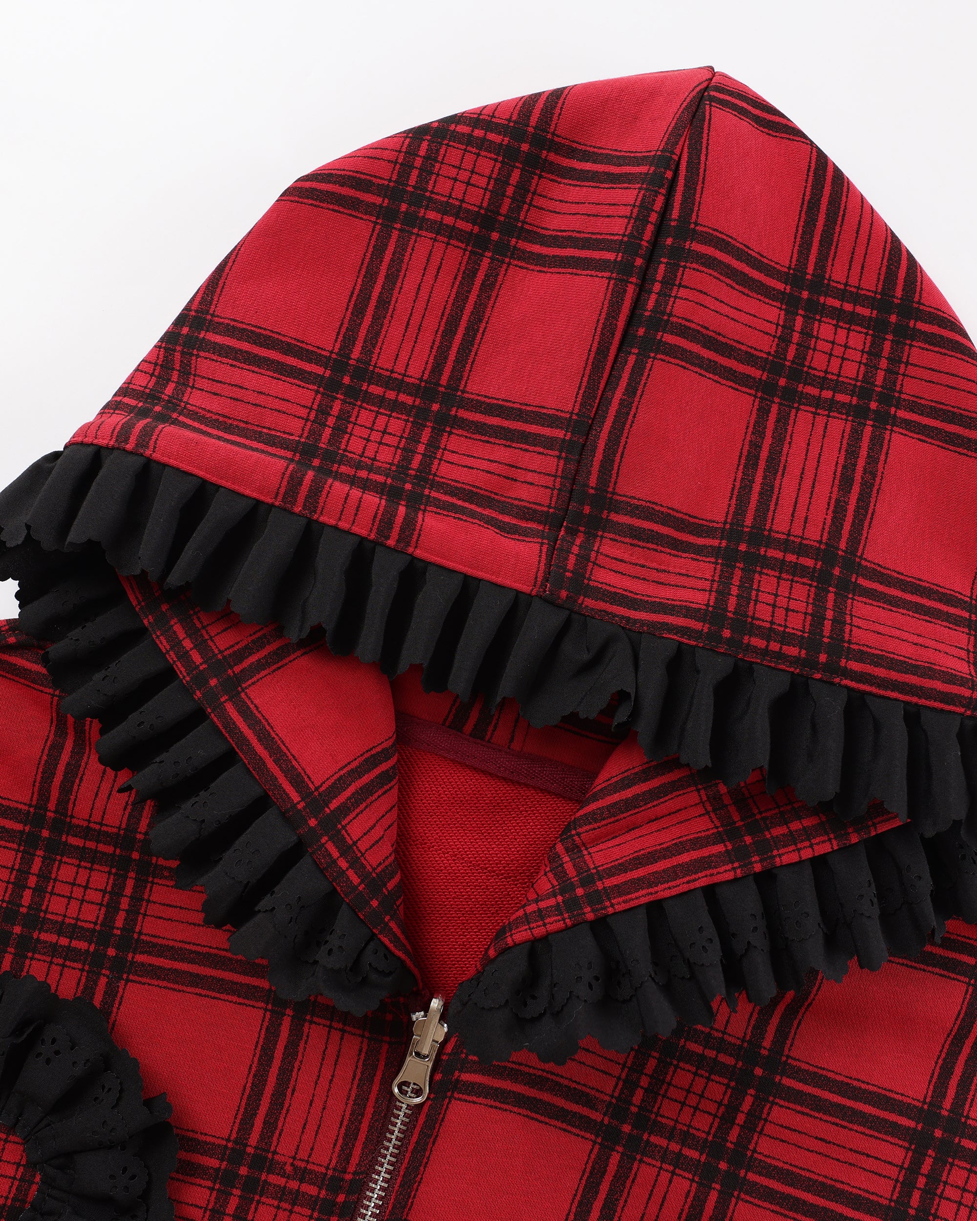 HAVE A MEAL Plaid Ruffle Trim Zip-Up Hoodie