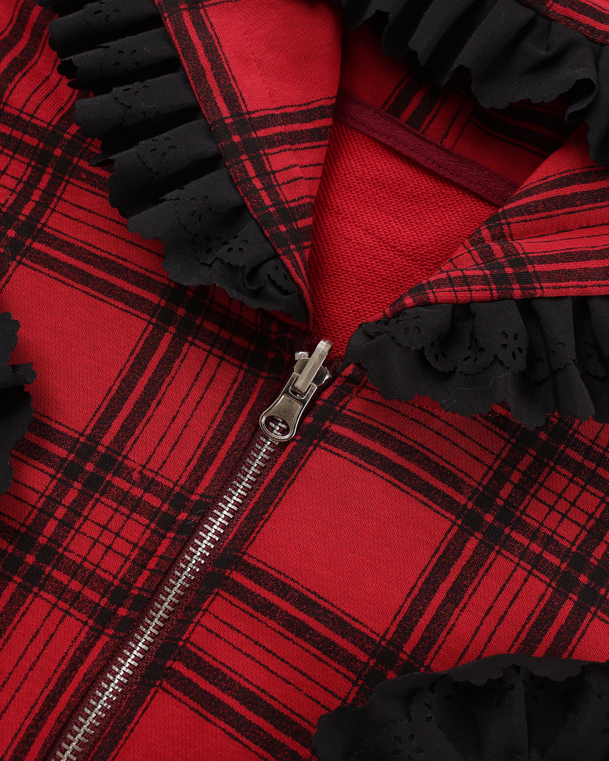 HAVE A MEAL Plaid Ruffle Trim Zip-Up Hoodie