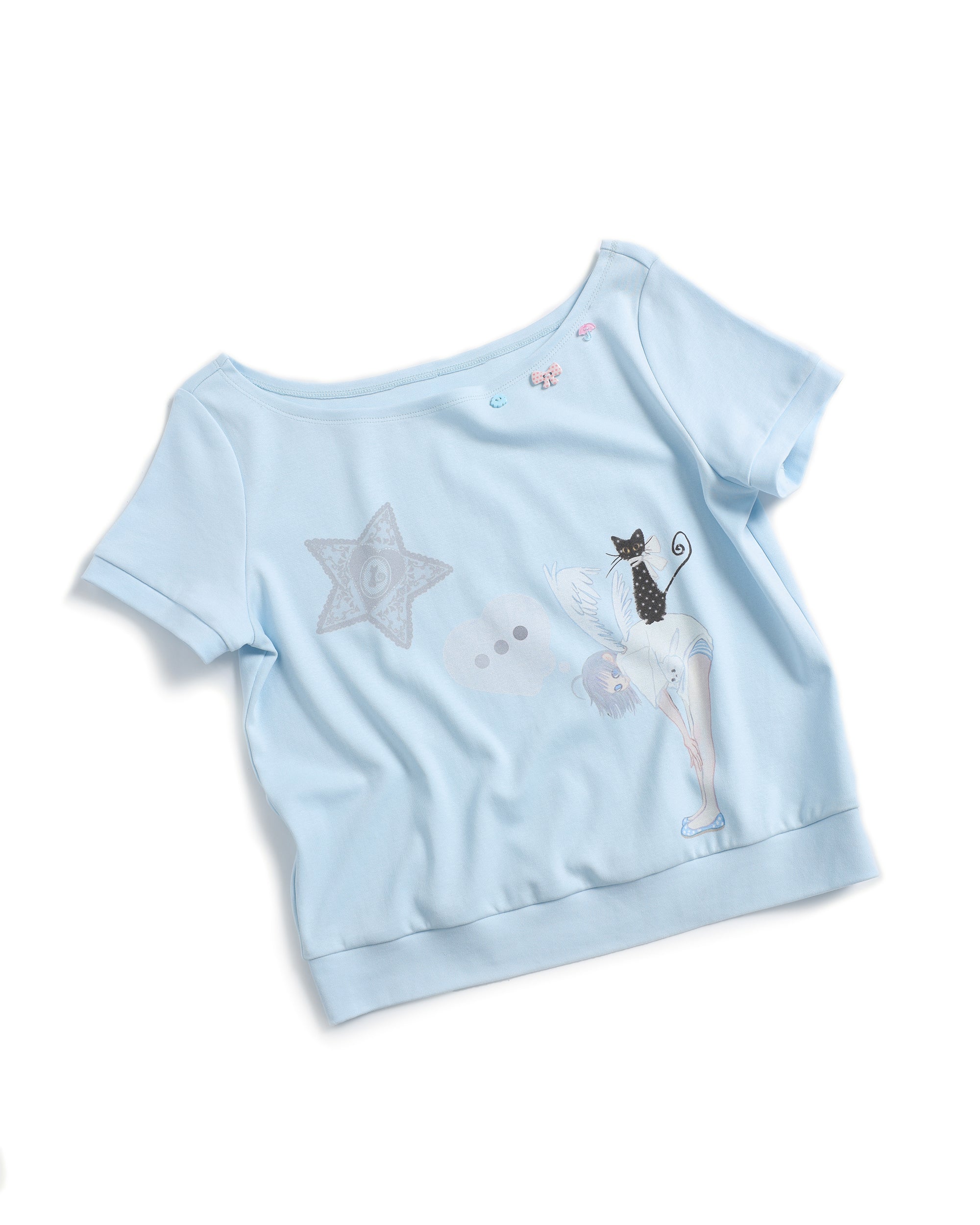 HAVE A MEAL × Congming Slouchy Graphics Off-Shoulder Loose T-Shirt