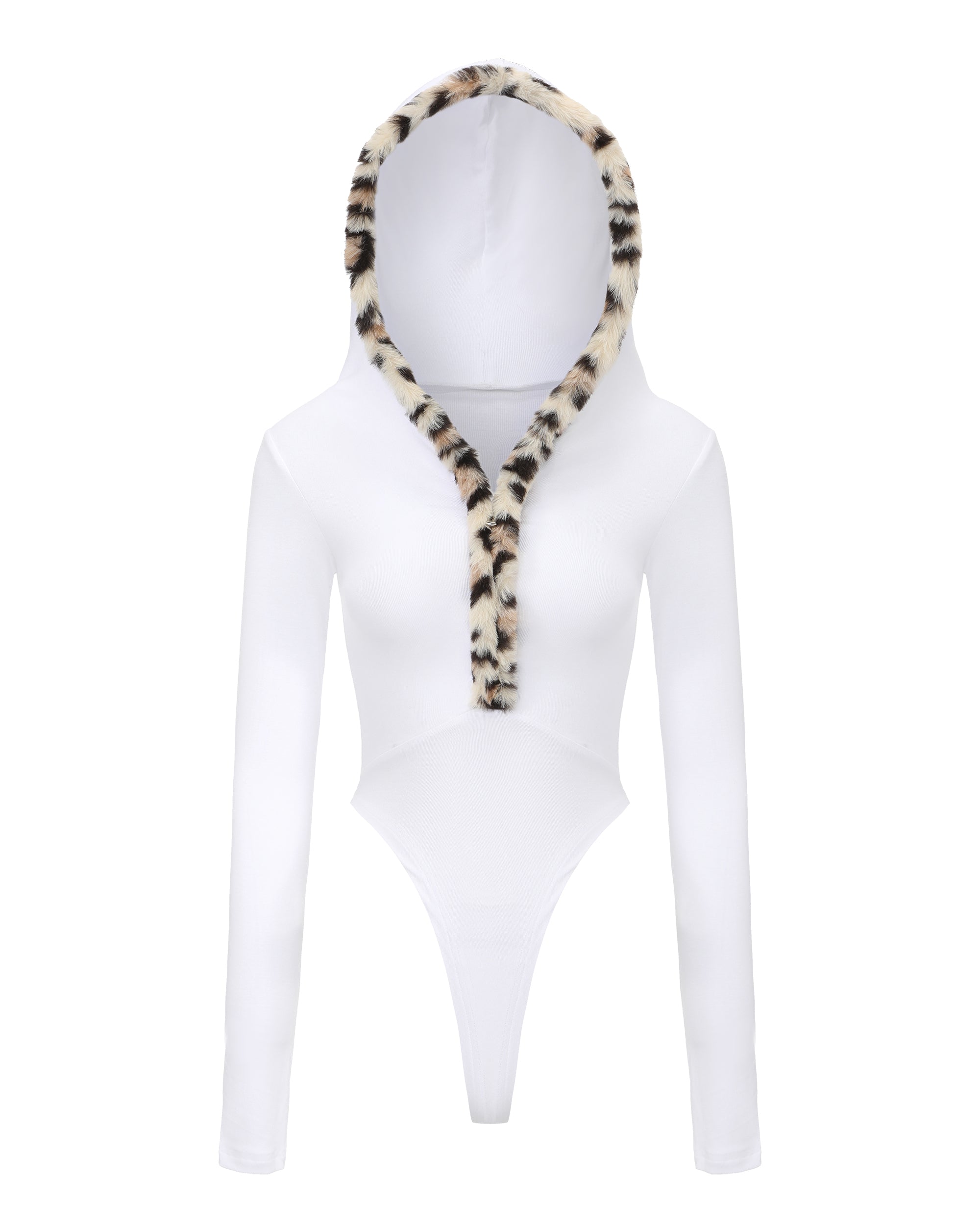 NEVER OFFEND L ANGEL Leopard-Trim Deep-V Zip-Up Knit Bodysuit