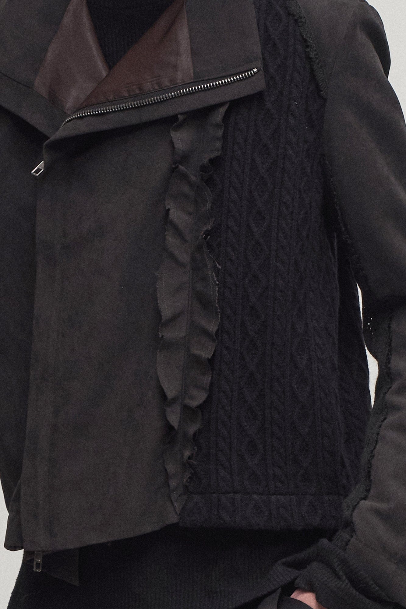 ILNya Nieternite Nifutur Asymmetrical Frayed Seam Ruffle Jacket, premium urban and streetwear designers apparel on PROJECTISR.com, ILNya Nieternite Nifutur
