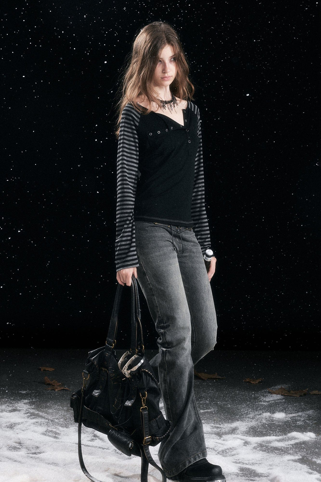 CESTNOUS Faux Leather Corset Waist Washed Jeans