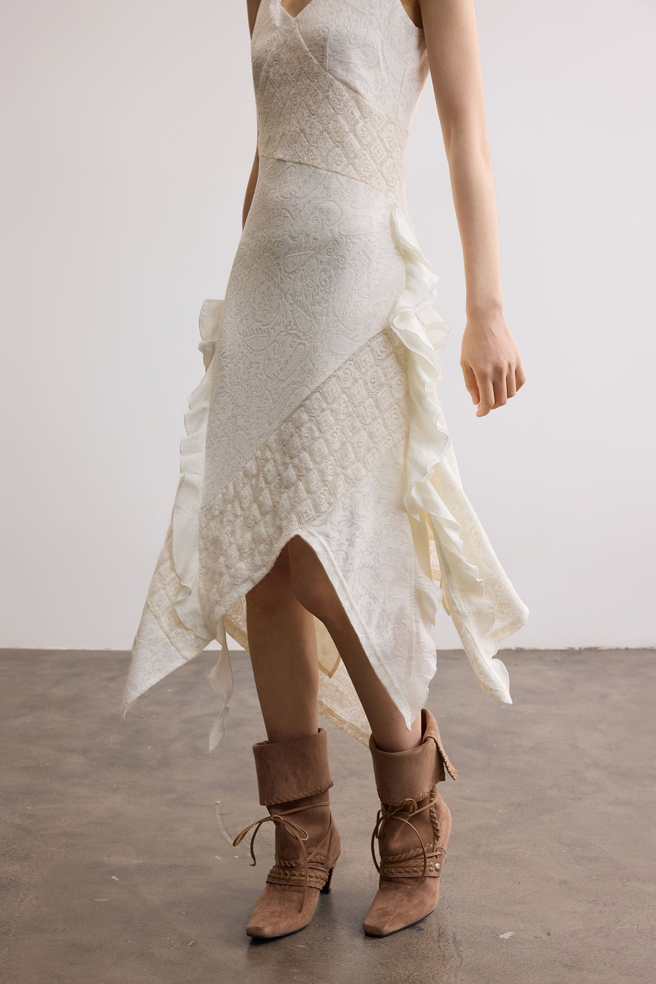 SAME FLOW Ruffle Asym Slip Lace-Panel Dress