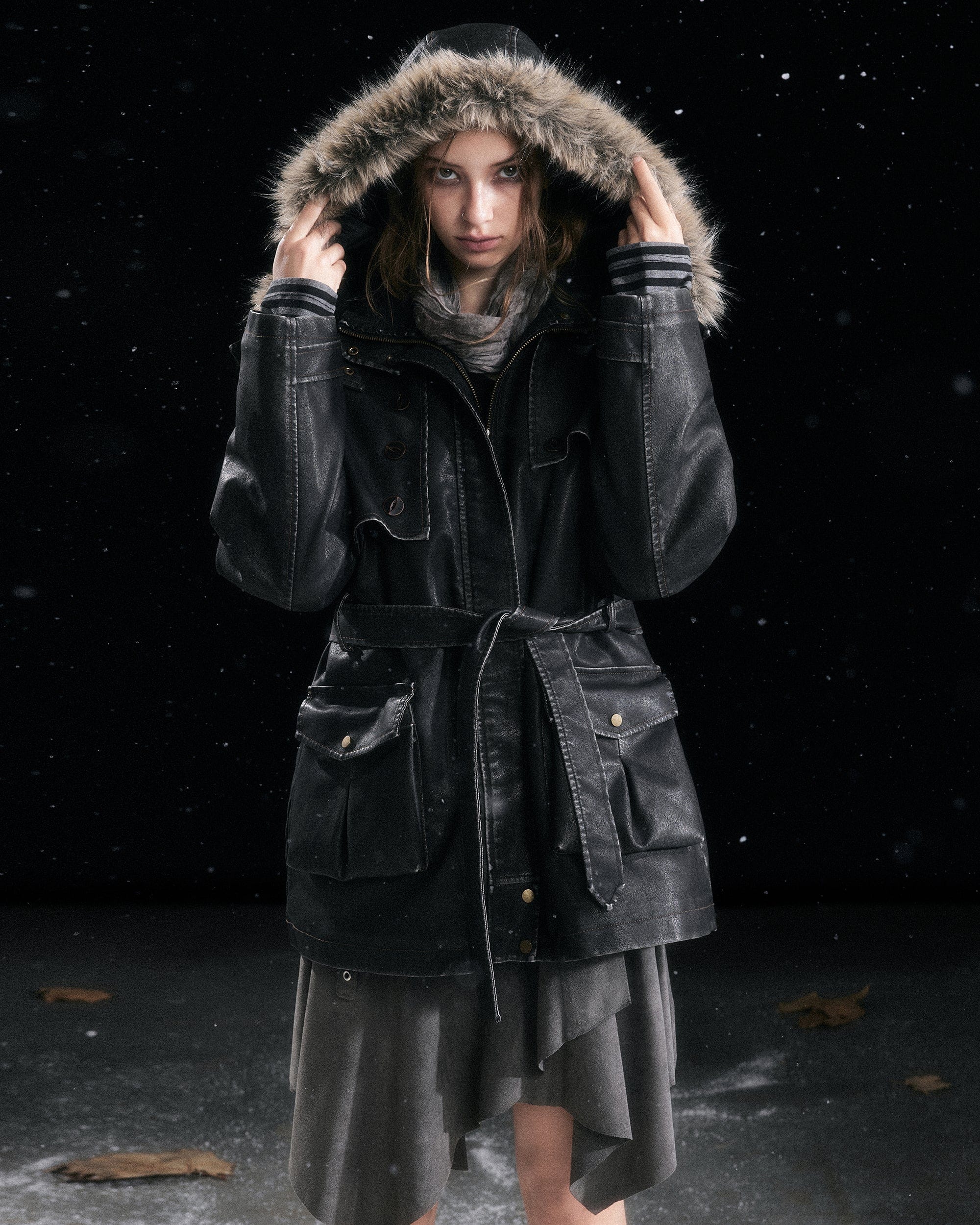 CESTNOUS Distressed Faux-Fur Hood PU Parka Jacket