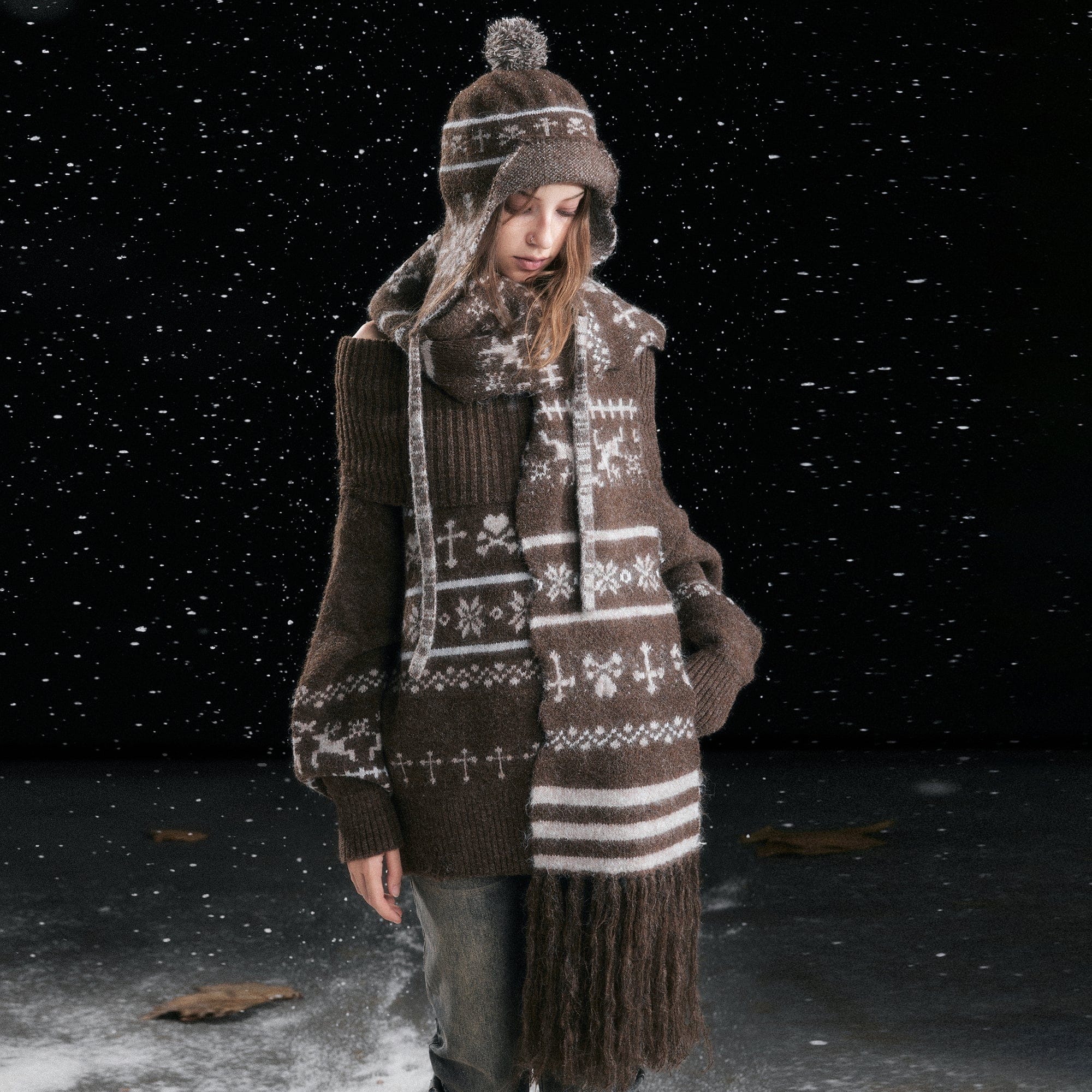 CESTNOUS Fair Isle Jacquard Fringe Scarf