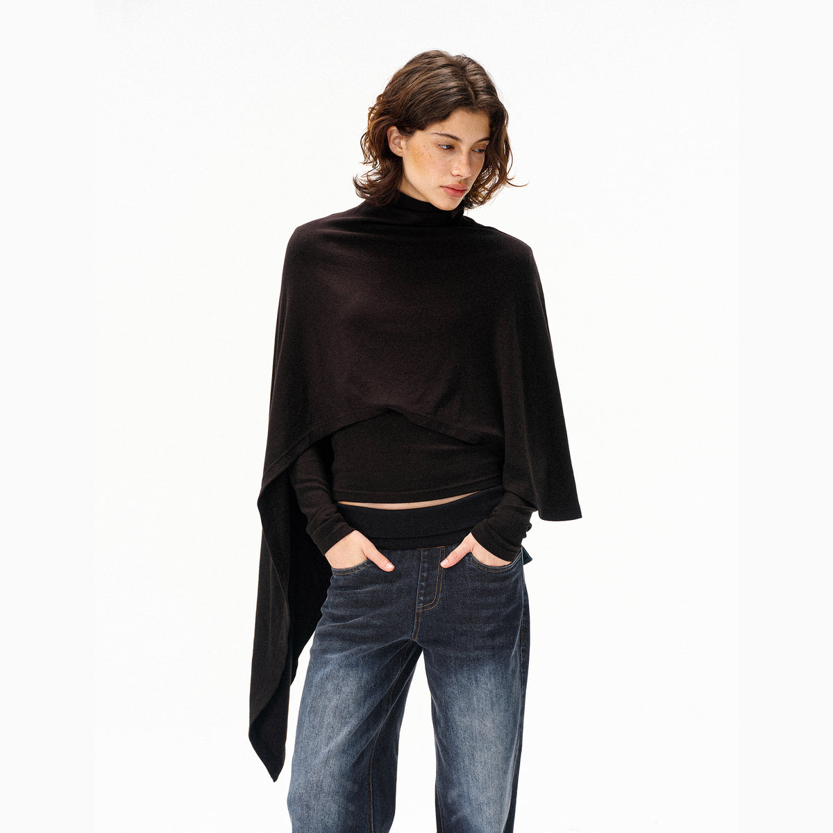 COSTUSTOOT Cape-Style Asymmetric Layered Knit Long-Sleeve Tee