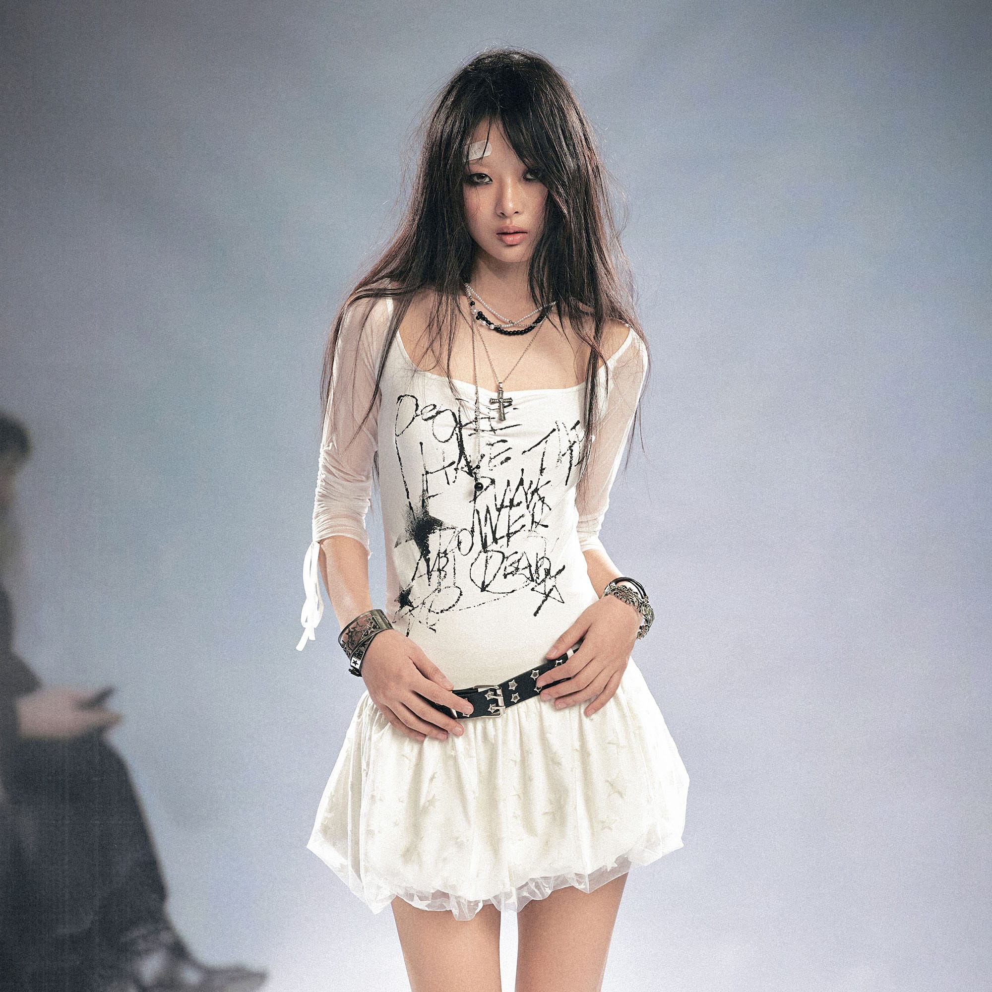CESTNOUS Sheer-Sleeve Graffiti Mini Dress