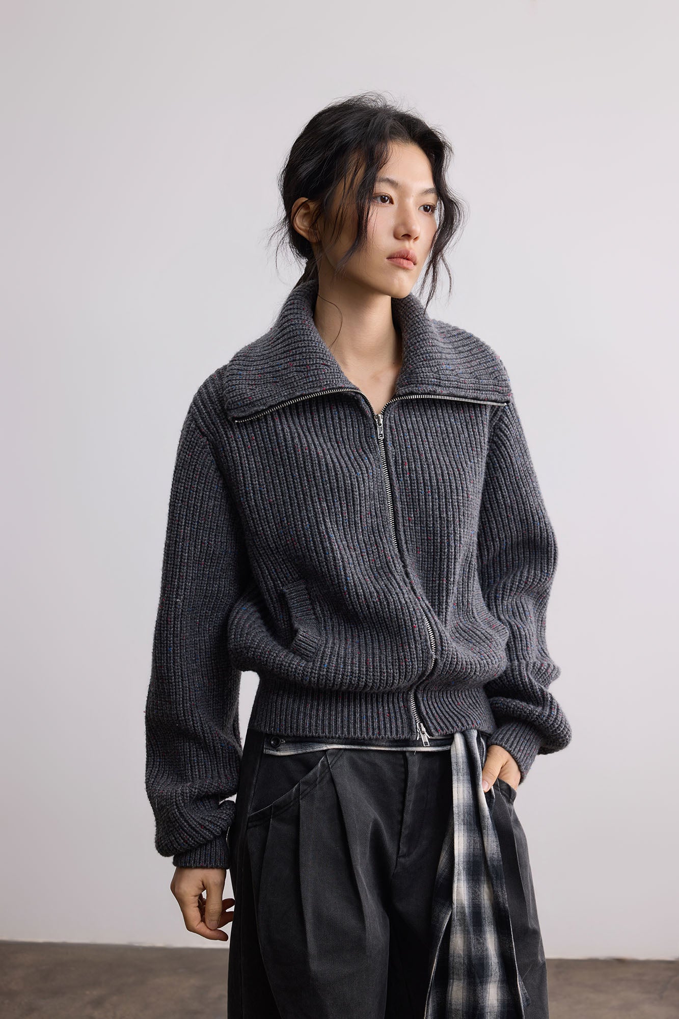 SAME FLOW Ribbed Oversized Polo Zip-Up Cardigan