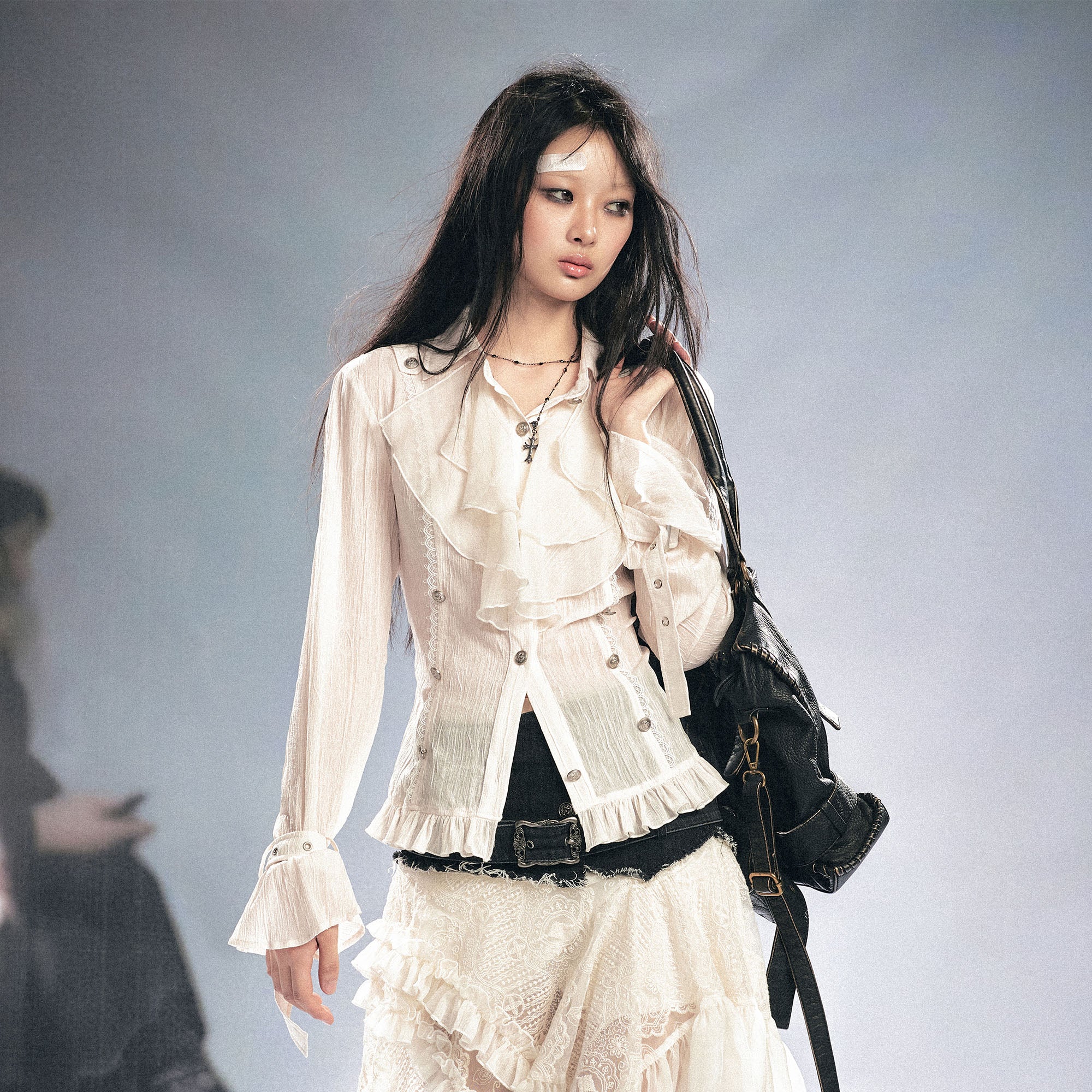 CESTNOUS Crinkled Ruffle Sheer Blouse