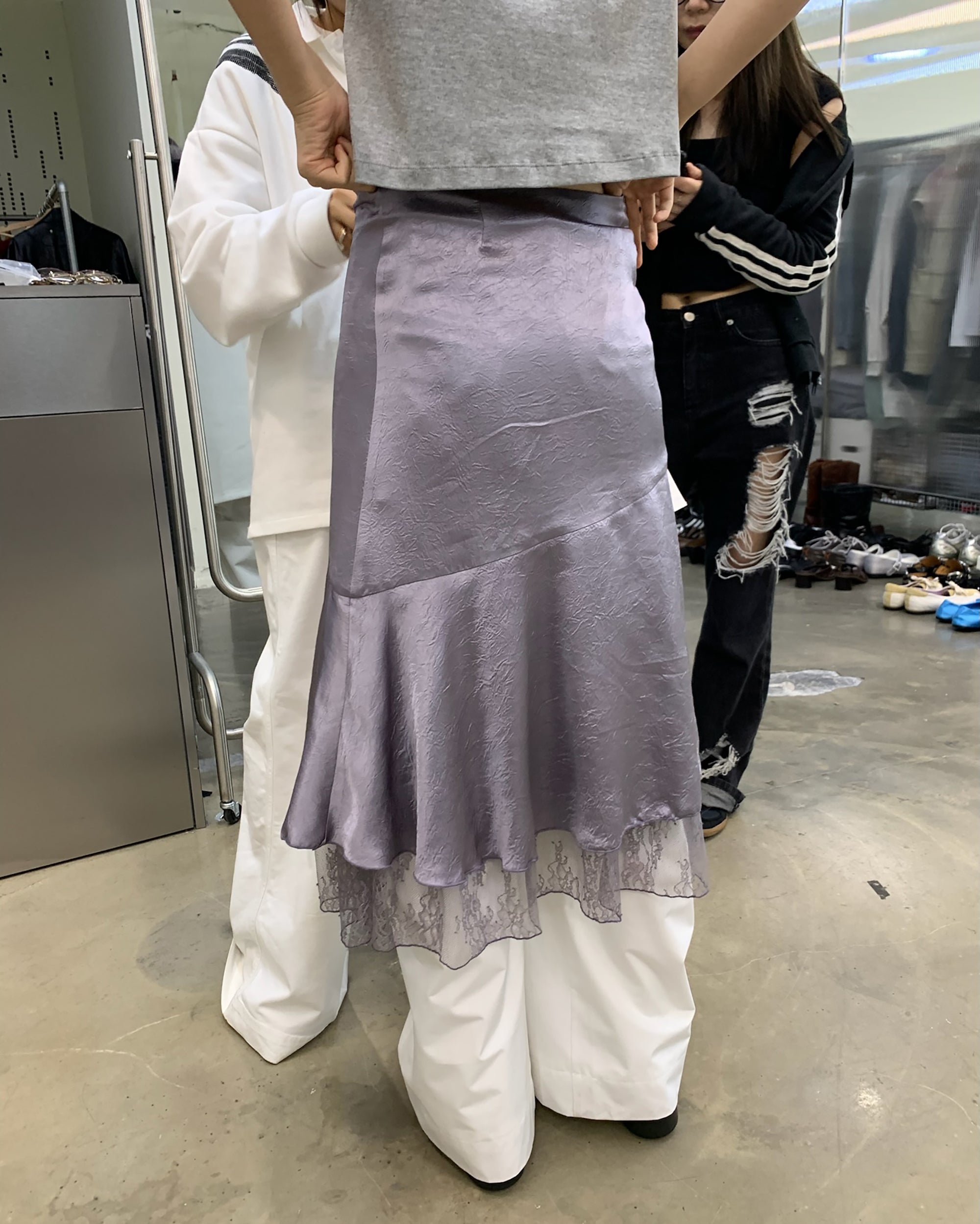 NEVERSEEZ Satin Acetate Lace-Panel Midi Skirt