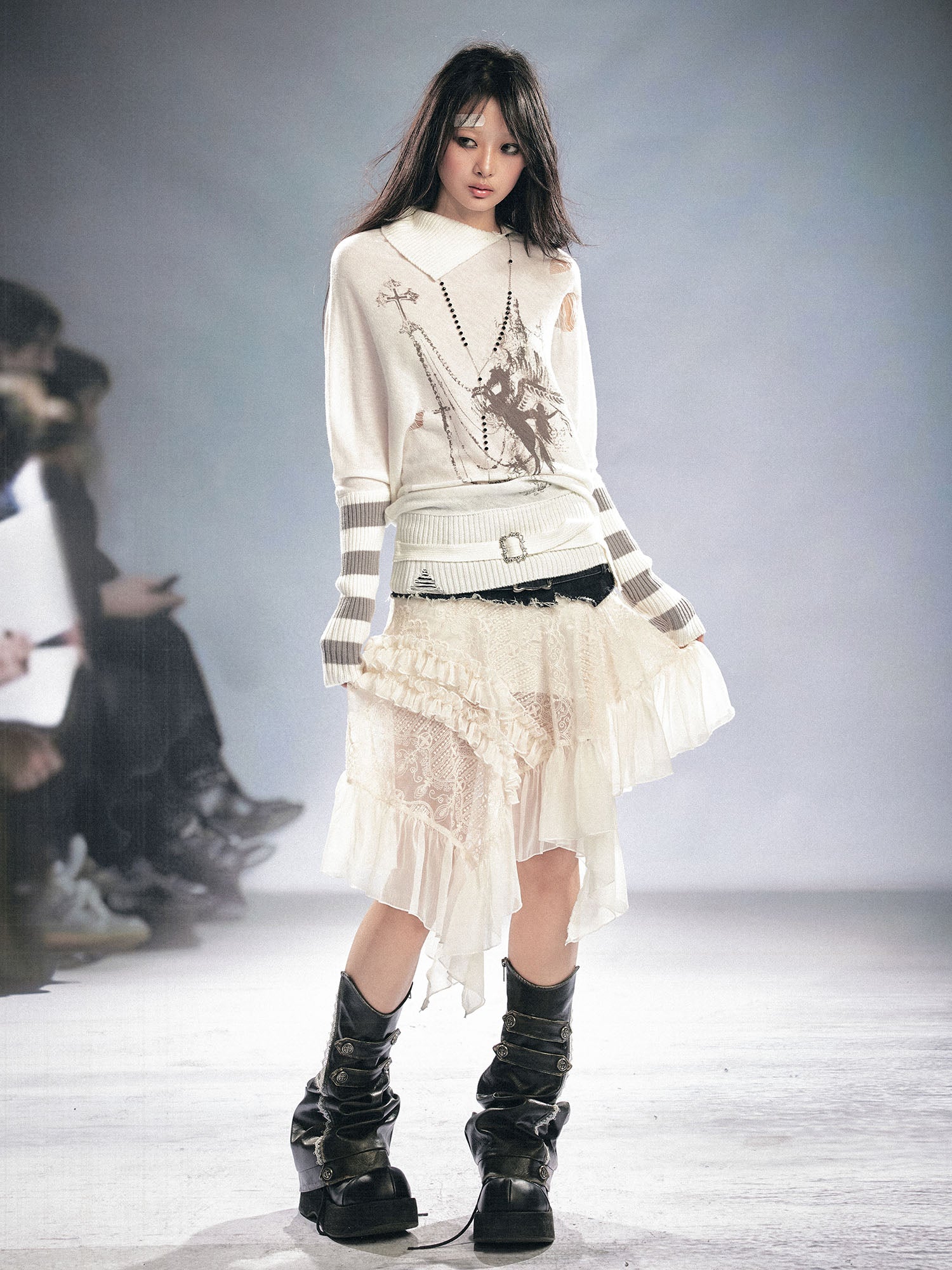 CESTNOUS Gothic Graphic Striped Bat-Sleeve Sweater