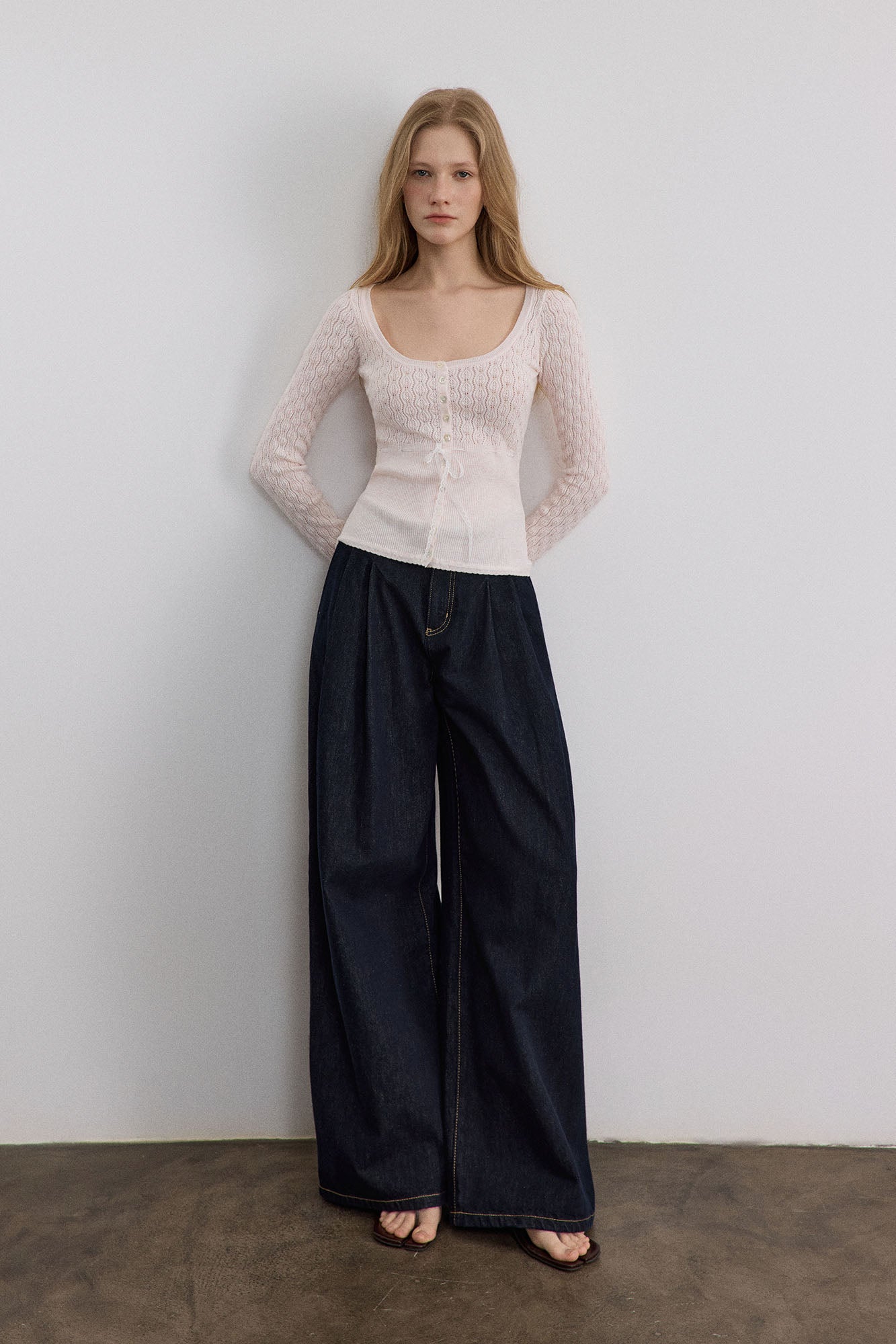 SAME FLOW Pointelle Lace-Tie Long-Sleeve Tee