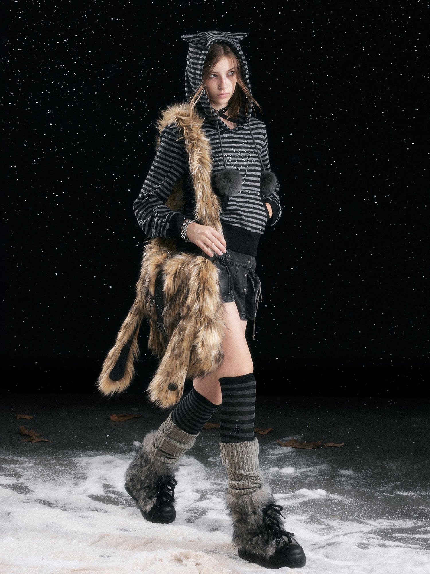 CESTNOUS Studded Striped Cat-Ear Hoodie