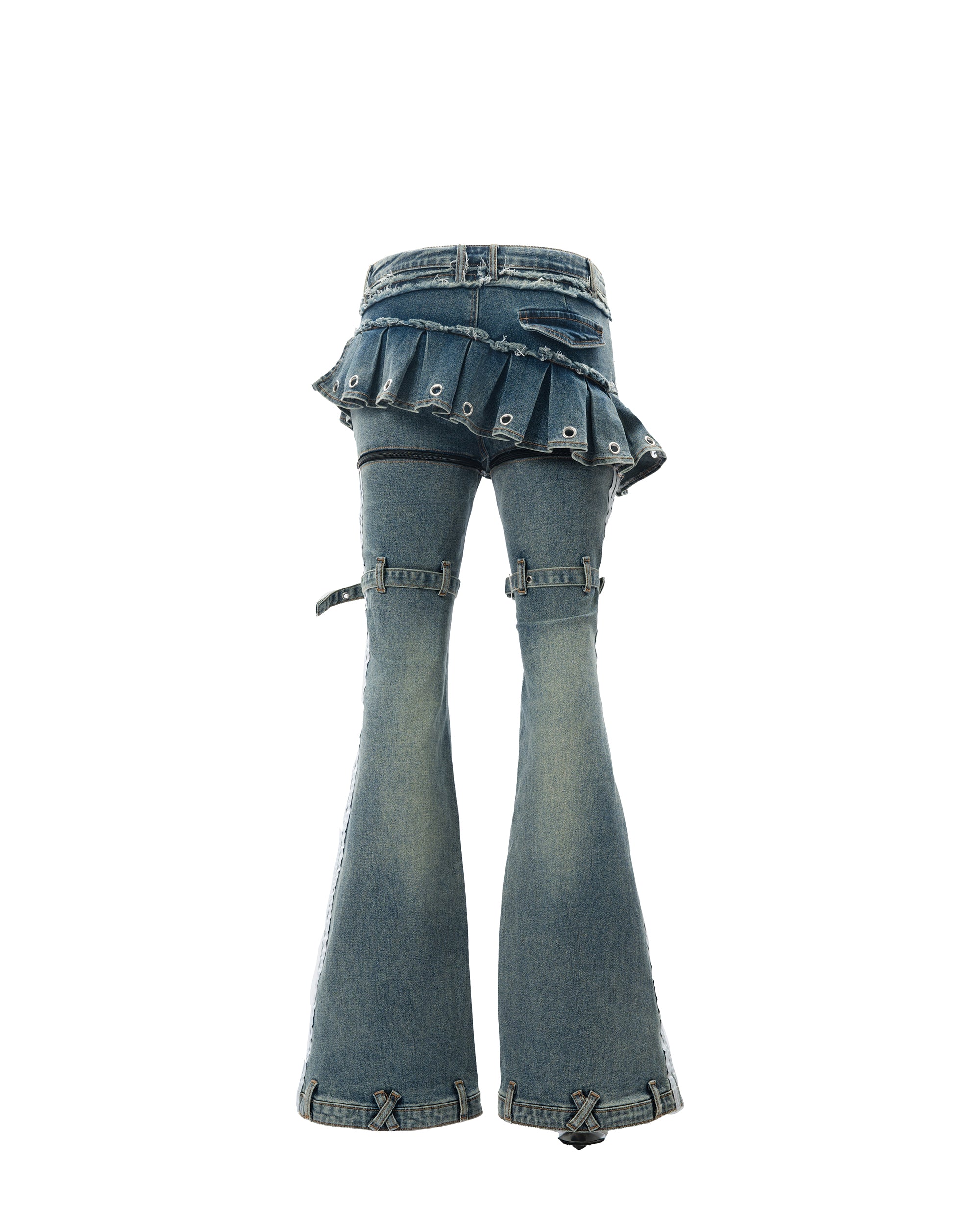 MOGONGSHE Washed Skirt-Layer Detachable Flared Jeans