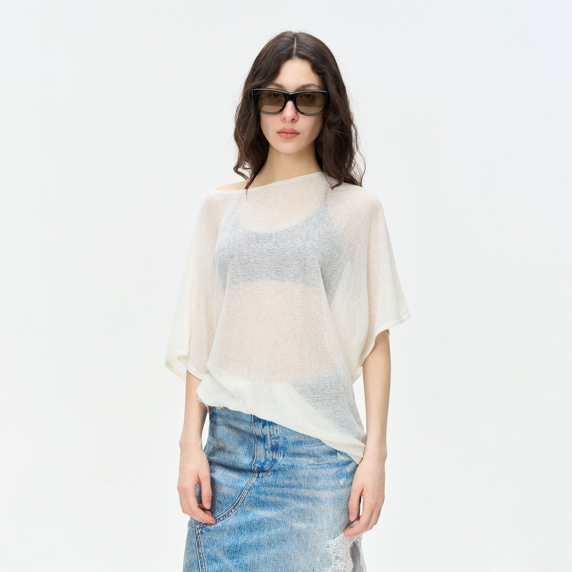 LEONSENSE Sheer Draped Batwing Knit Top