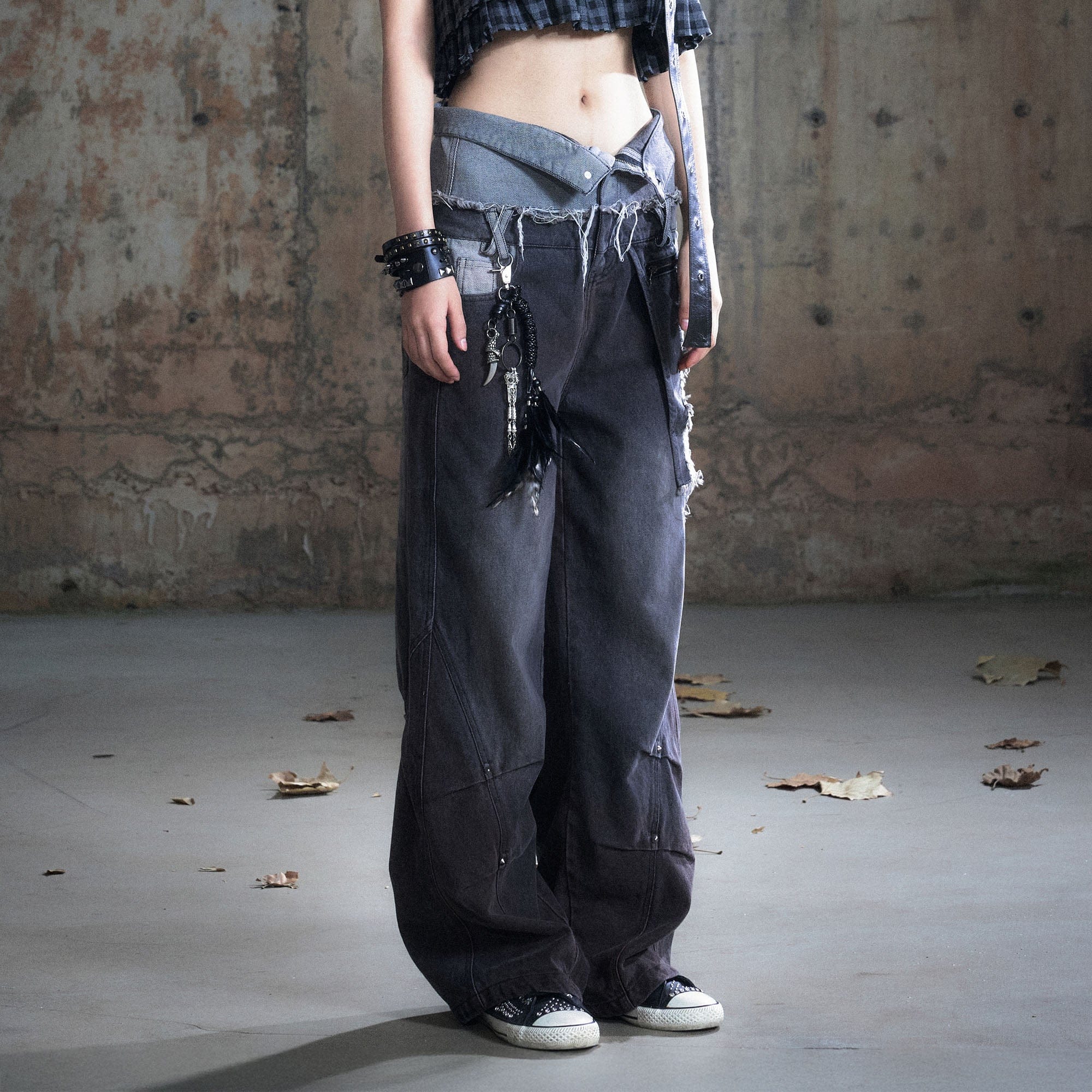 CESTNOUS Distressed Folded Double Waist Jeans