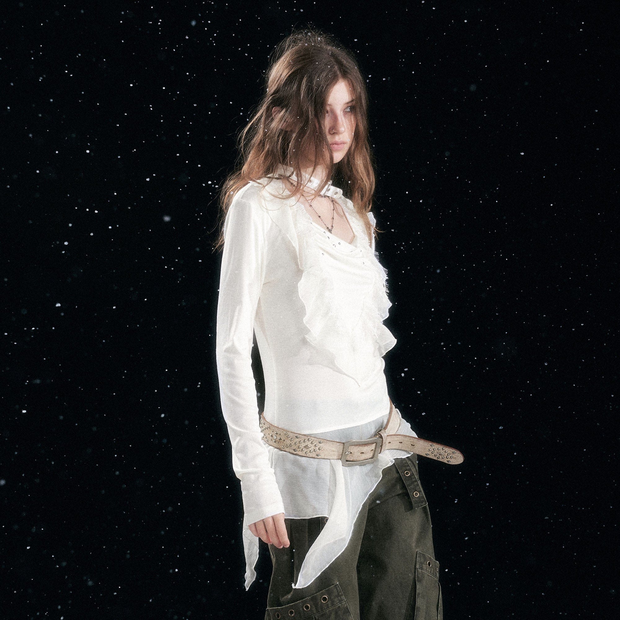 CESTNOUS Studded Ruffled Paneled Top