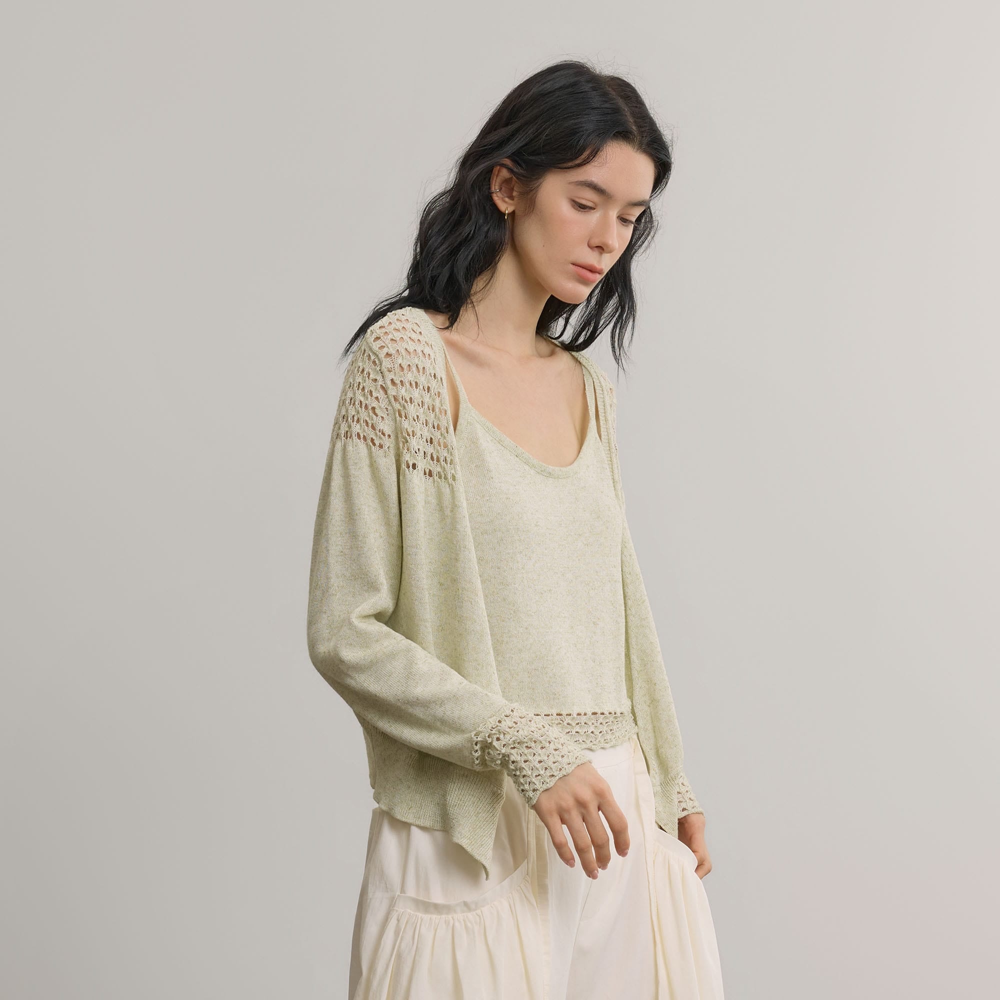 SAME FLOW Open-Knit Cropped Cardigan Set