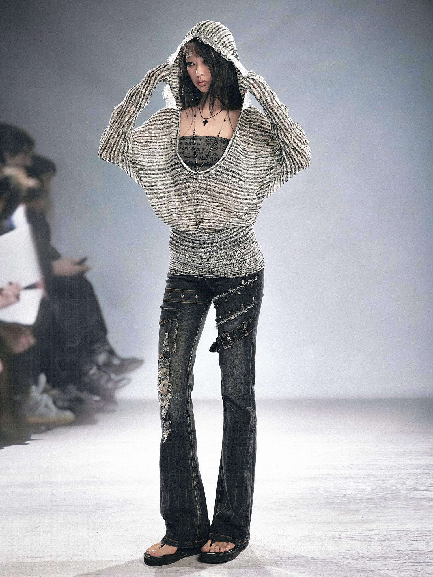 CESTNOUS Striped Sheer Hooded Long-Sleeve Tee
