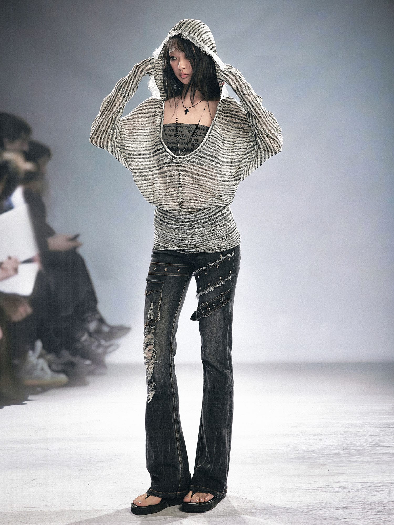 CESTNOUS Striped Sheer Hooded Long-Sleeve Tee