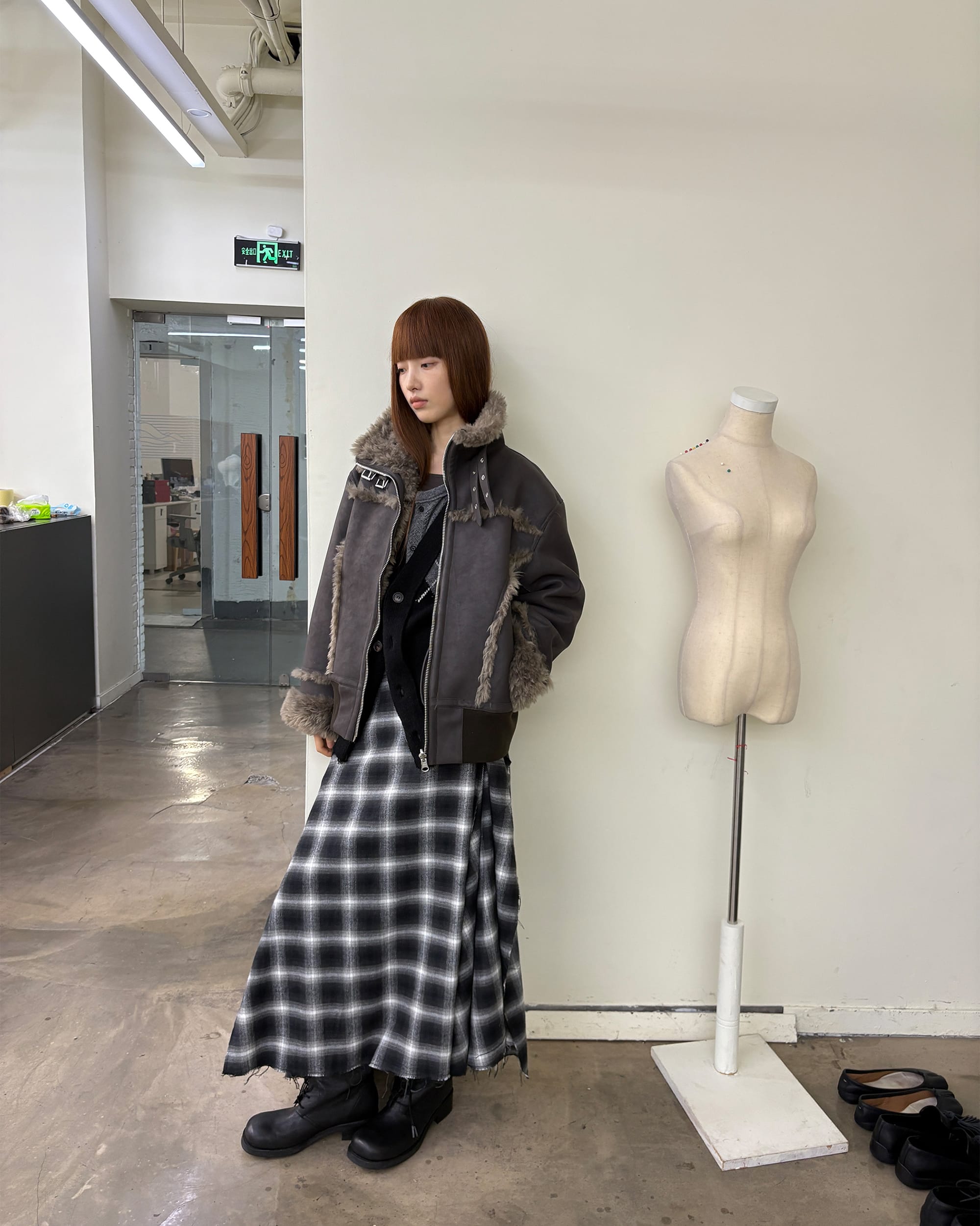 NEVERSEEZ Asymmetric Plaid Raw-Edge Maxi Skirt