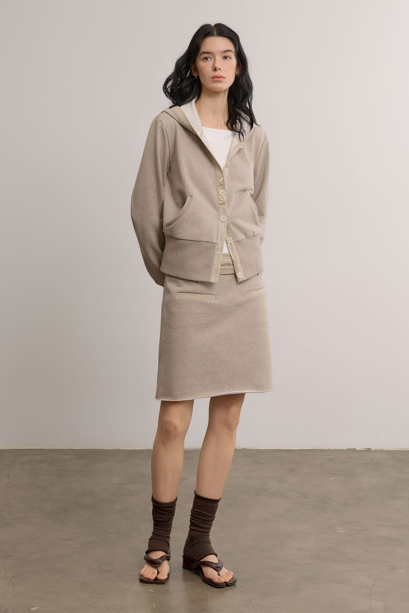 SAME FLOW Ruched Waistband Raw-Edge Pencil Skirt