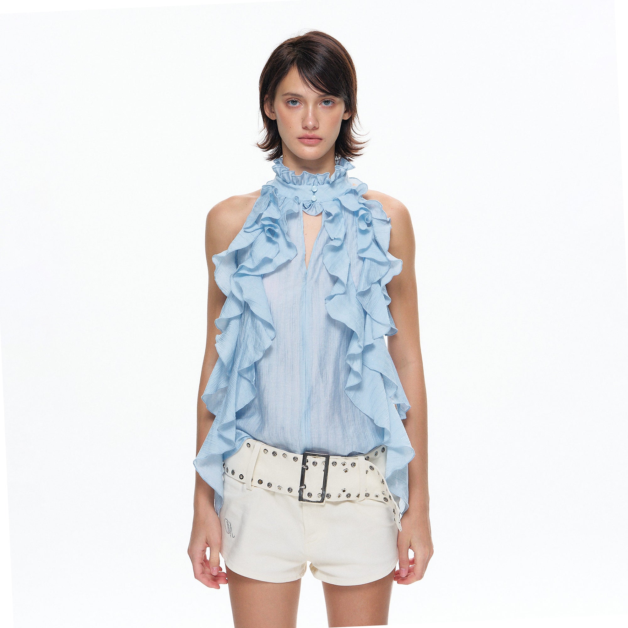10AMSOTIIIIIIRED Tiered Ruffle Sleeveless Top & Asymmetric Skirt Set