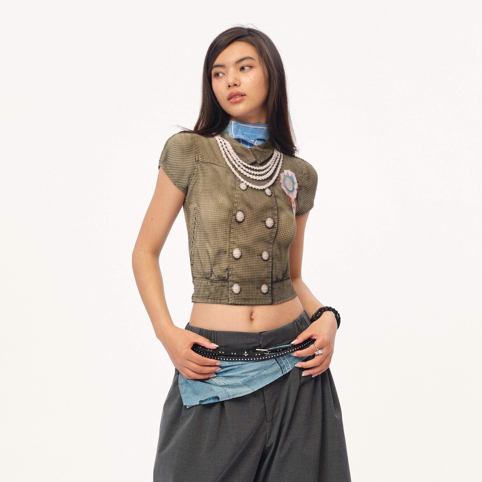 MOF Military-Inspired Graphic Pleated T-Shirt