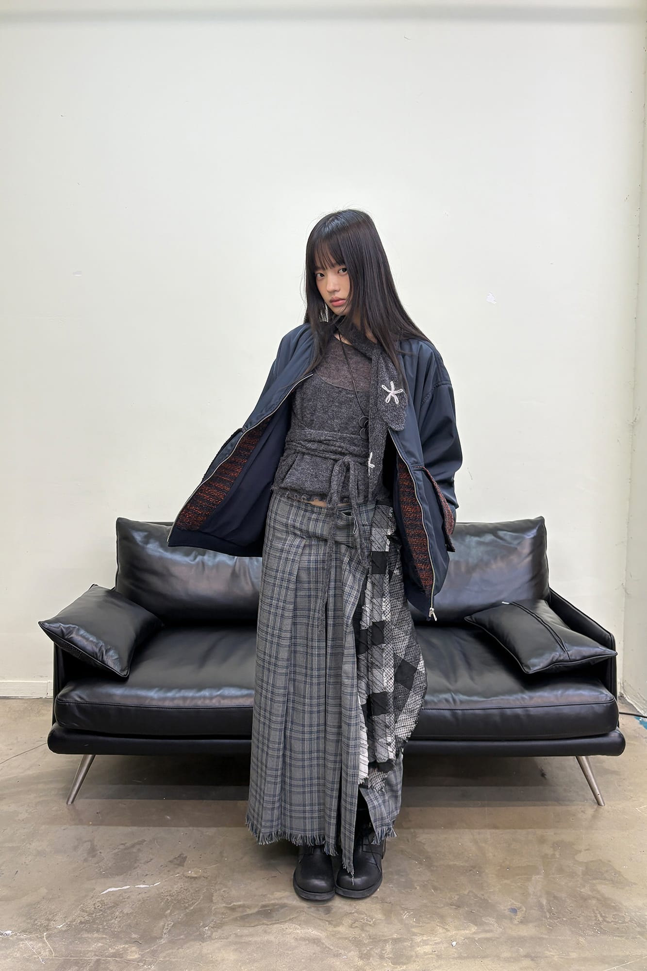 NEVERSEEZ Detachable Waist Scarf Pleated Plaid Maxi Skirt
