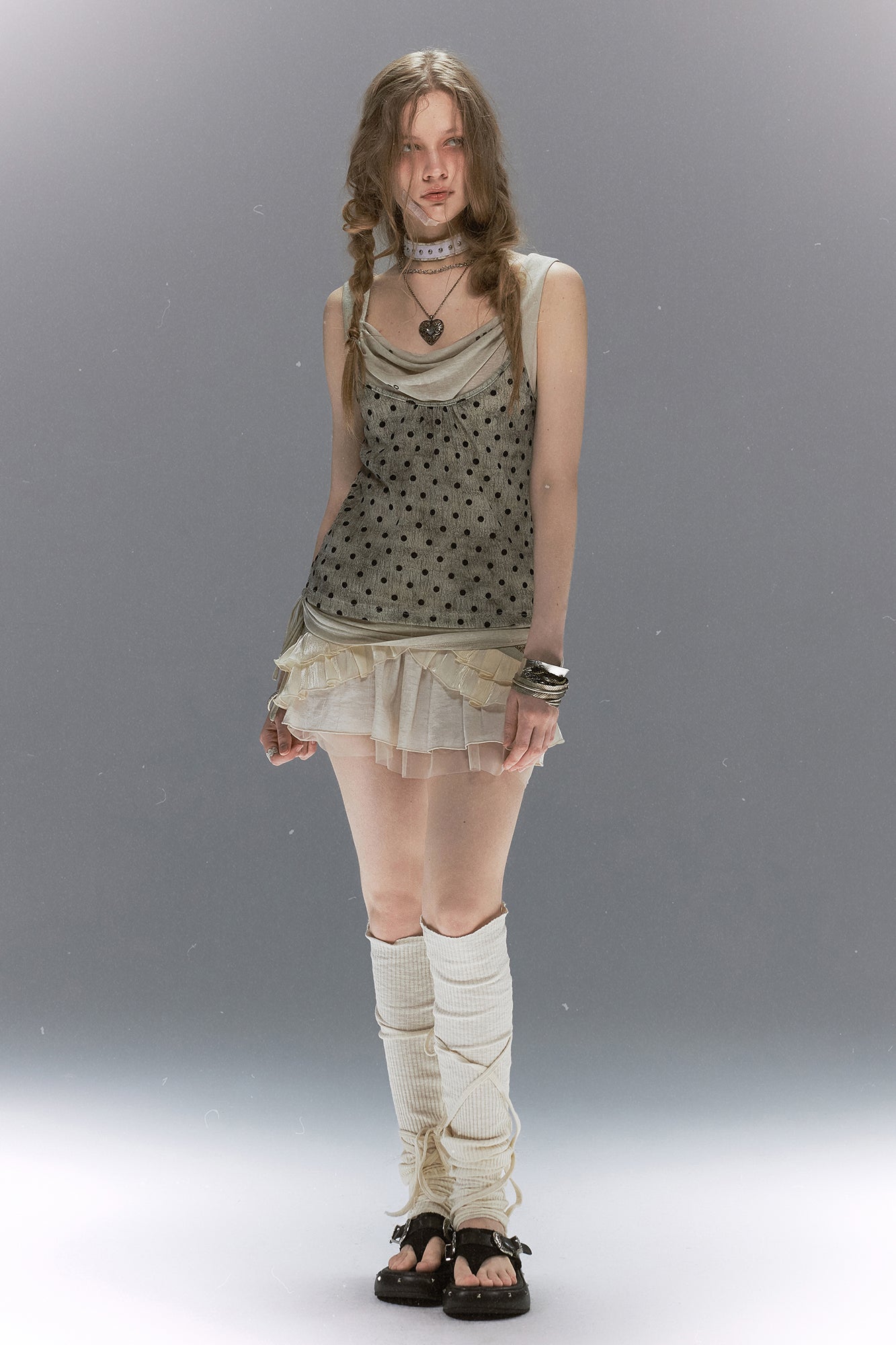 CESTNOUS Polka Dot Spliced Drawstring Tank Top